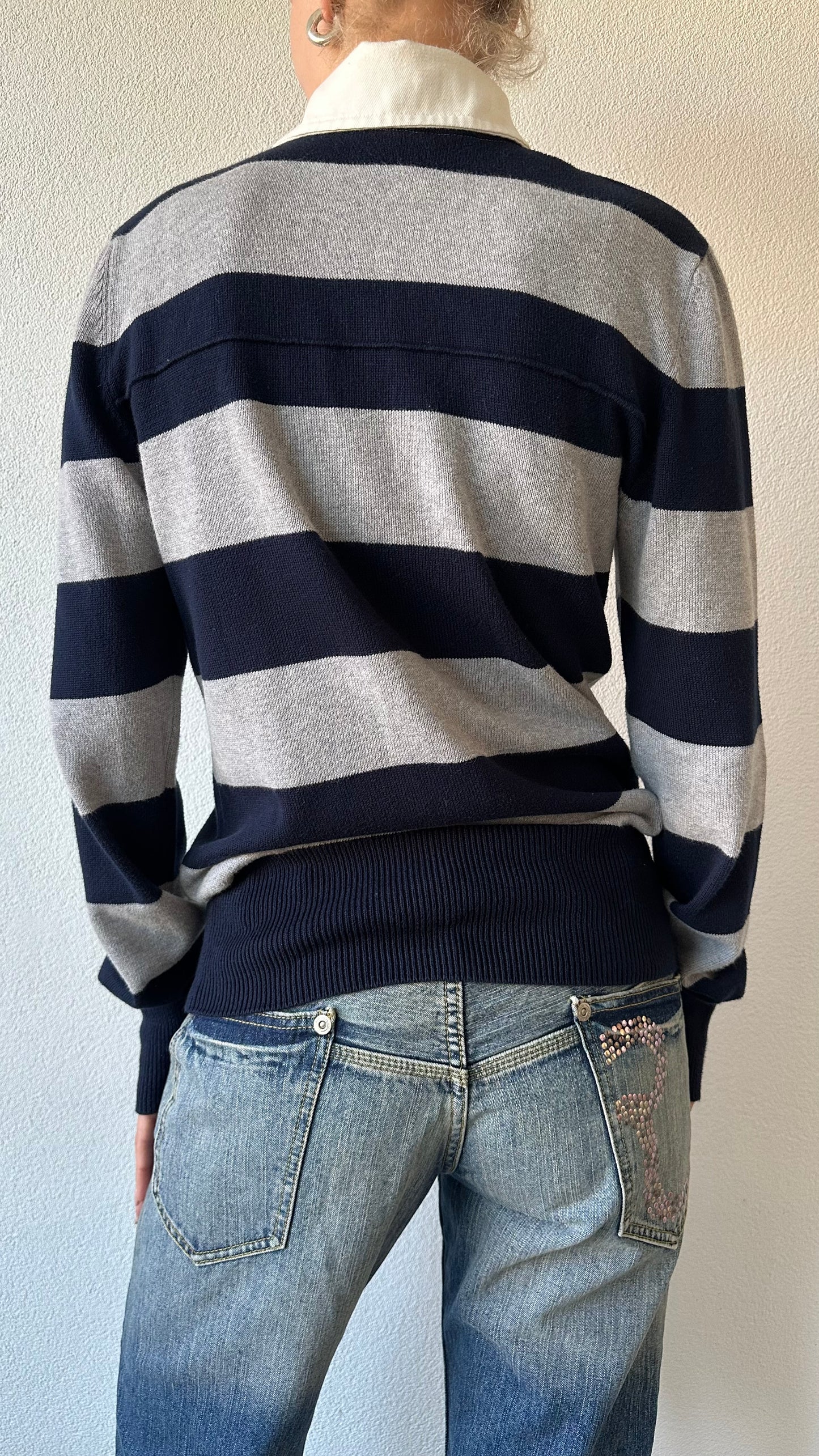 striped grey and blue knitted Woolrich longsleeve polo