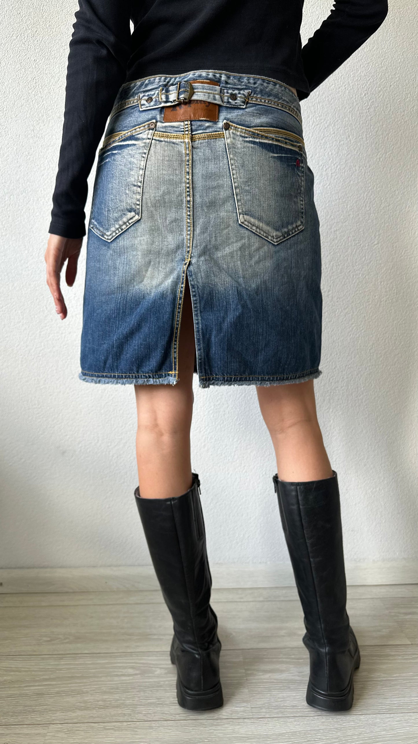 Y2K Replay denim mini skirt with back strap detail