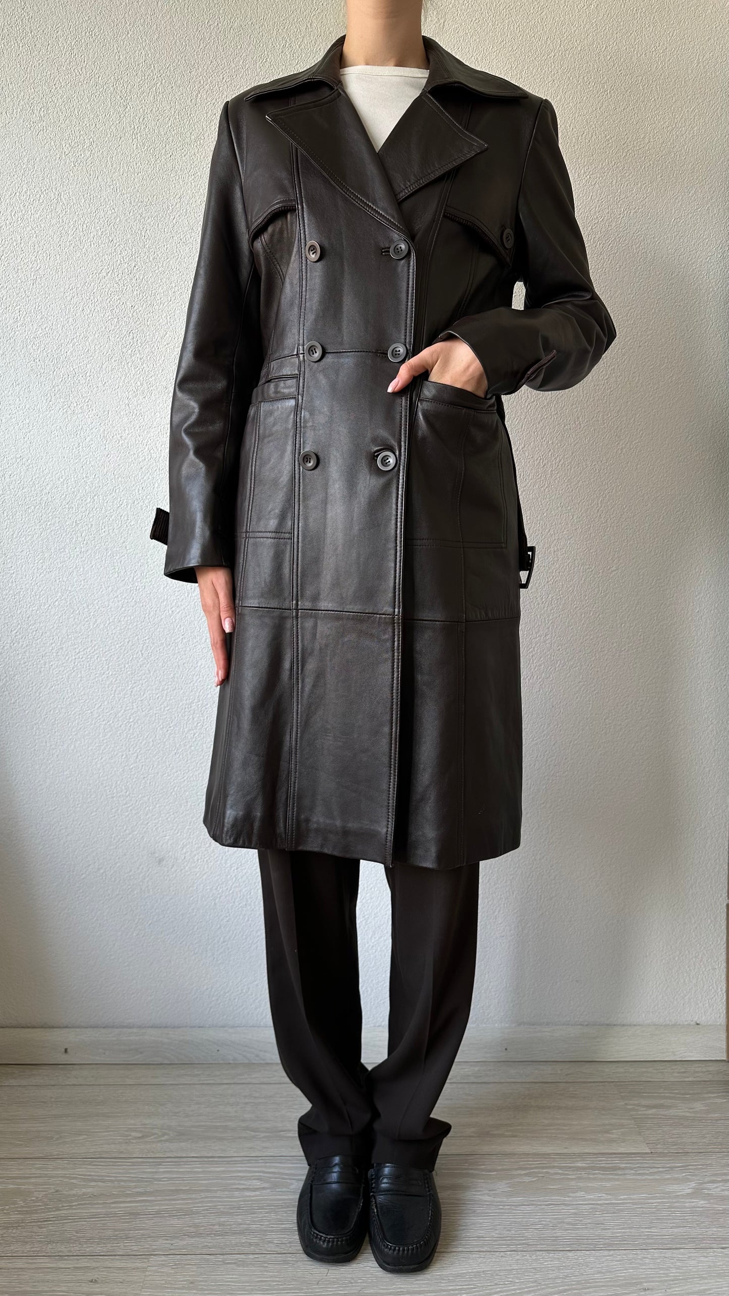 vintage brown leather midi trenchcoat