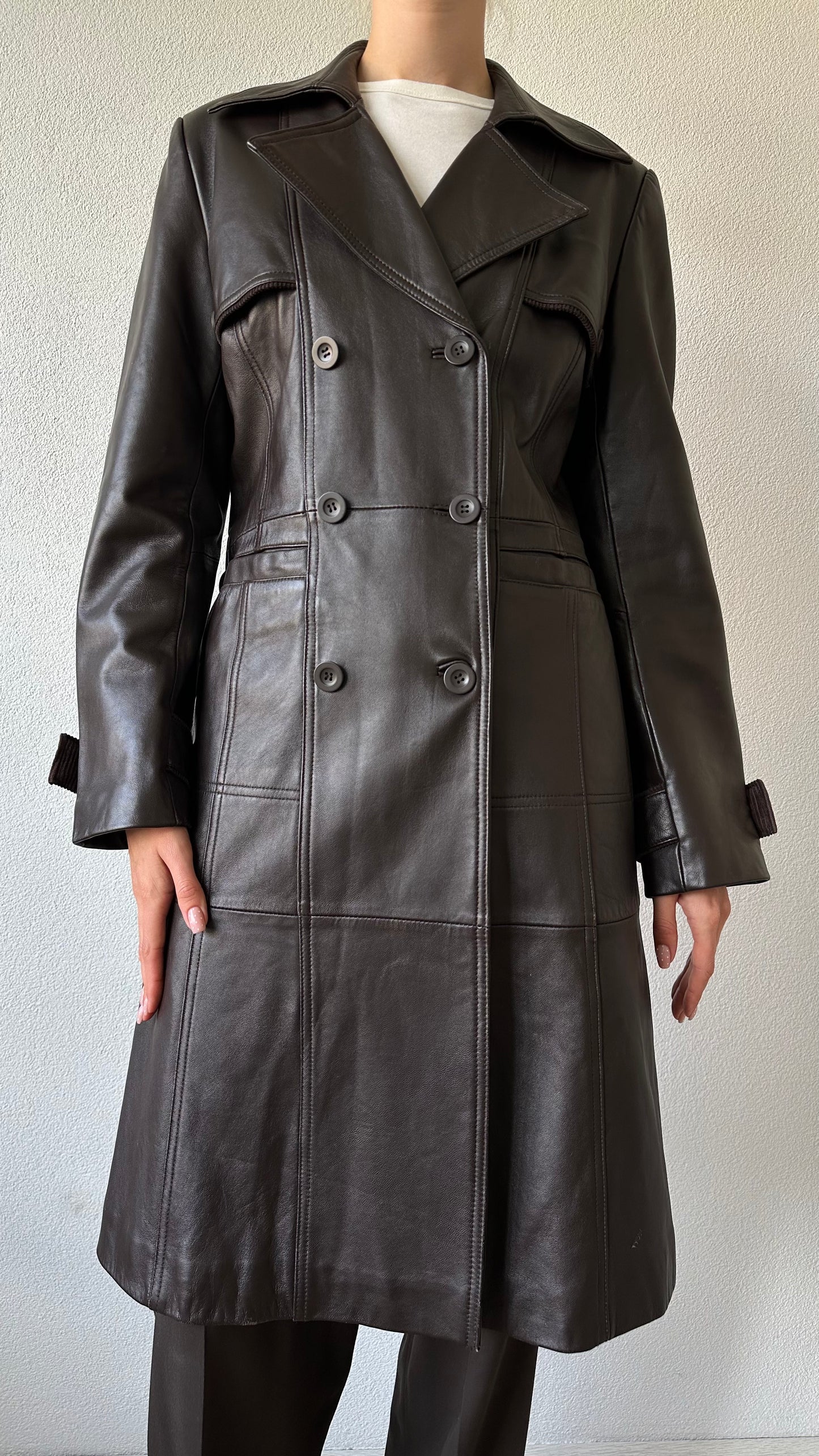 vintage brown leather midi trenchcoat