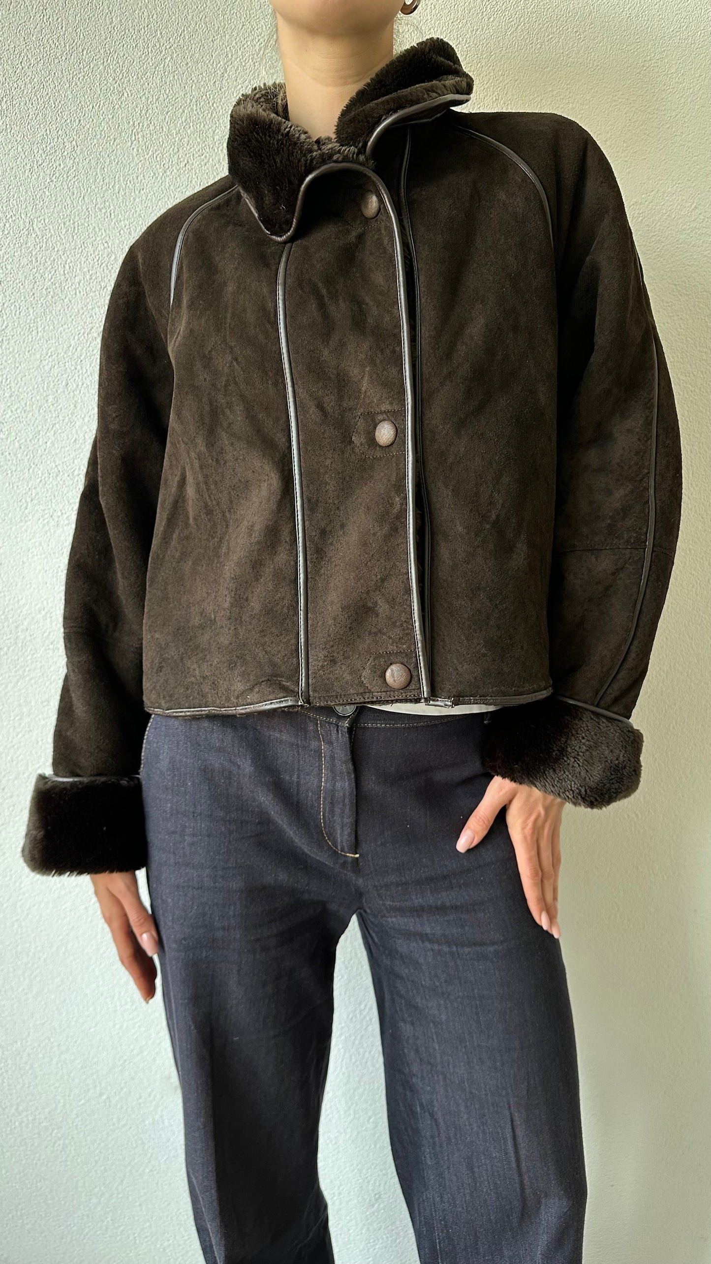cropped brown suede coat with faux fur lining