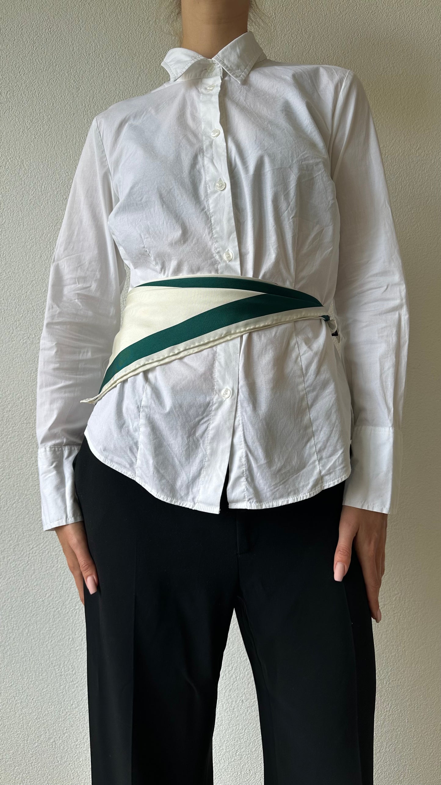 green and beige silk scarf