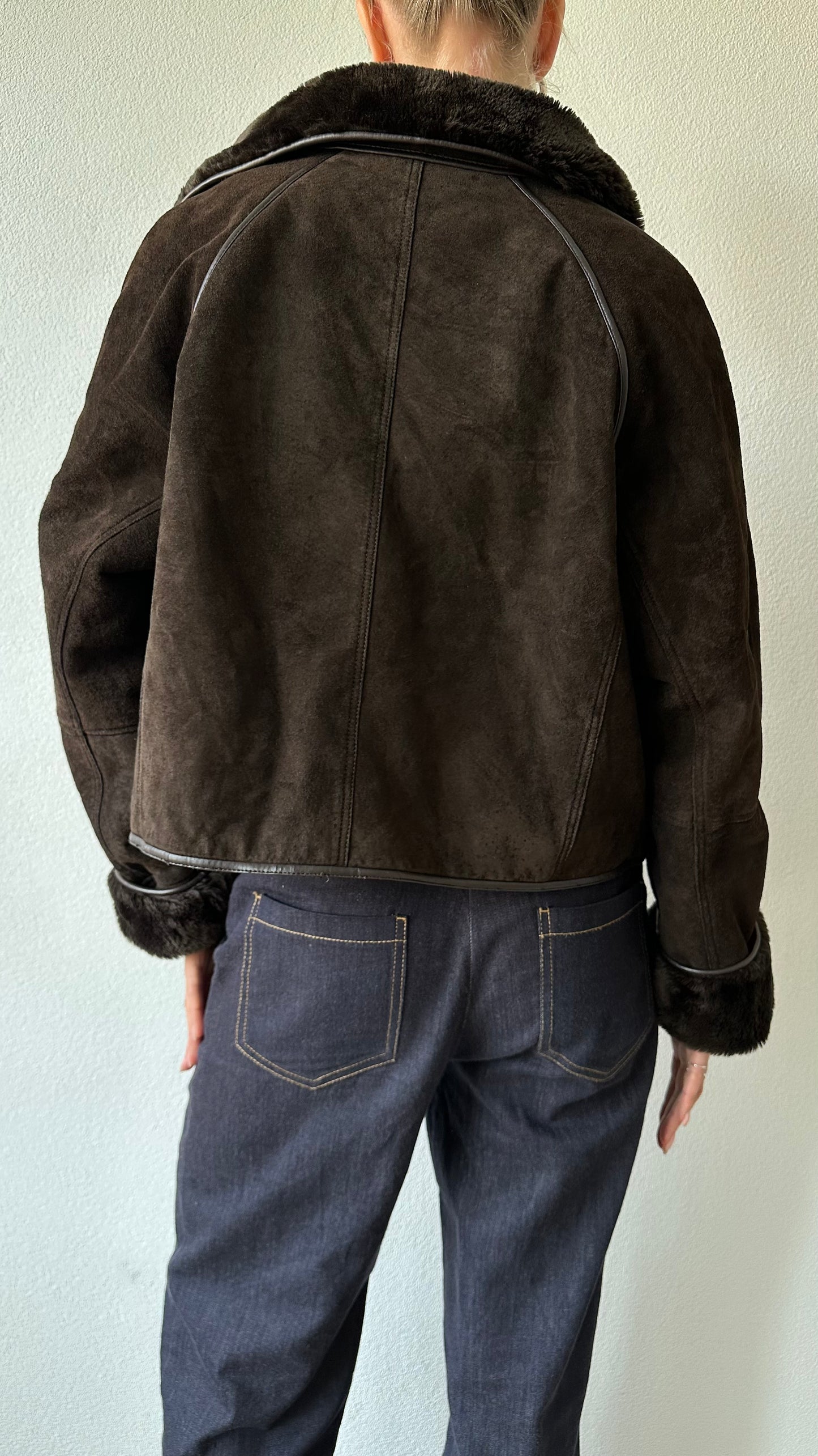 cropped brown suede coat with faux fur lining