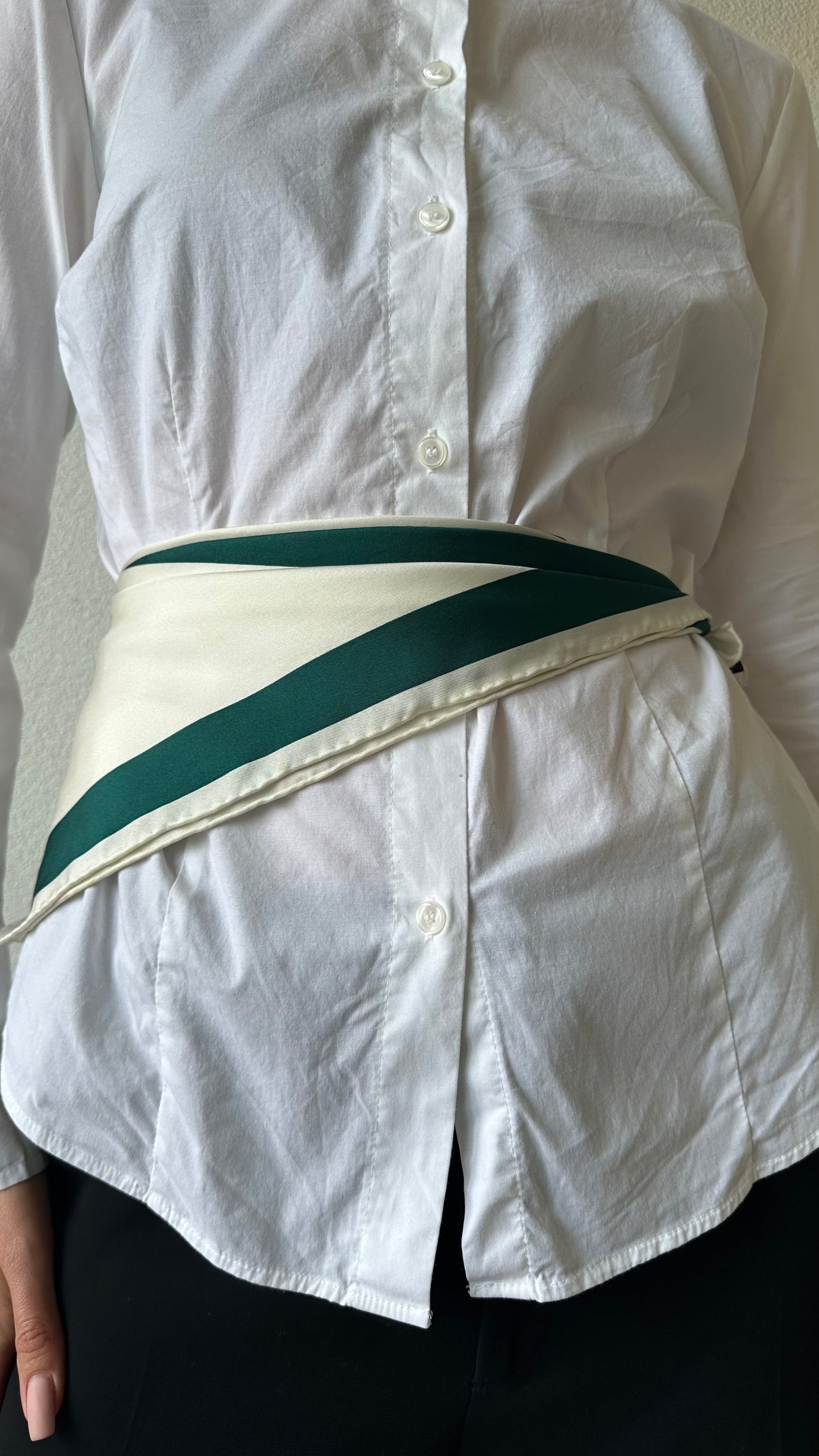 green and beige silk scarf