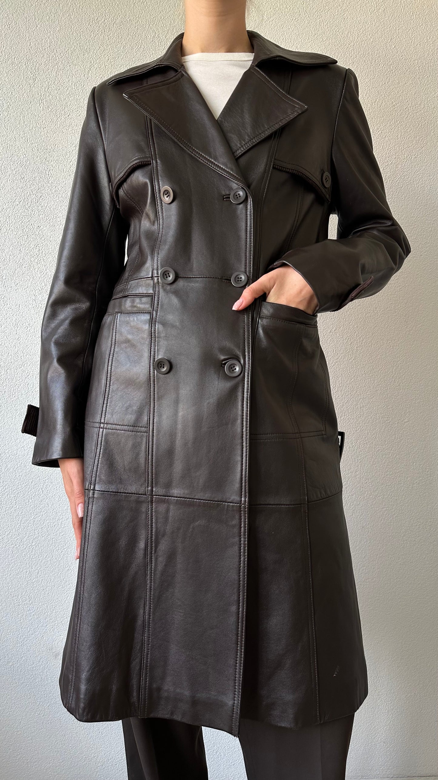 vintage brown leather midi trenchcoat