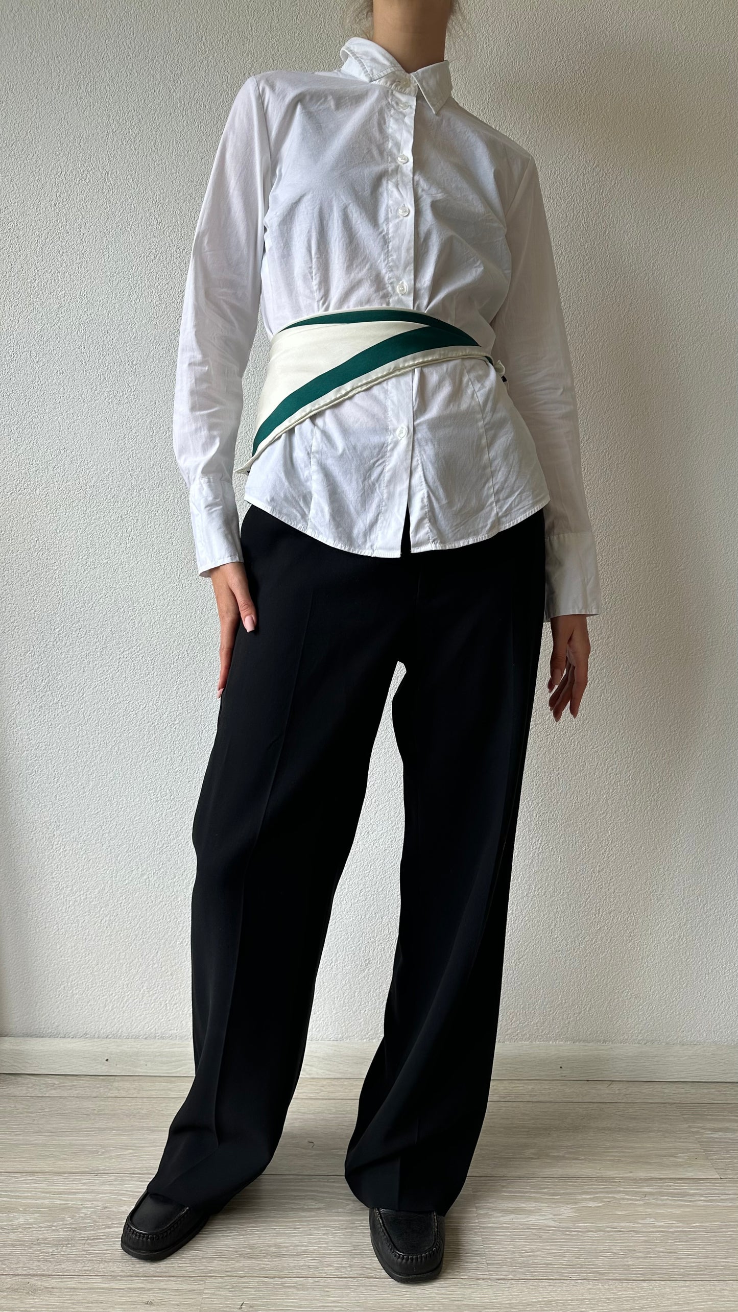 green and beige silk scarf