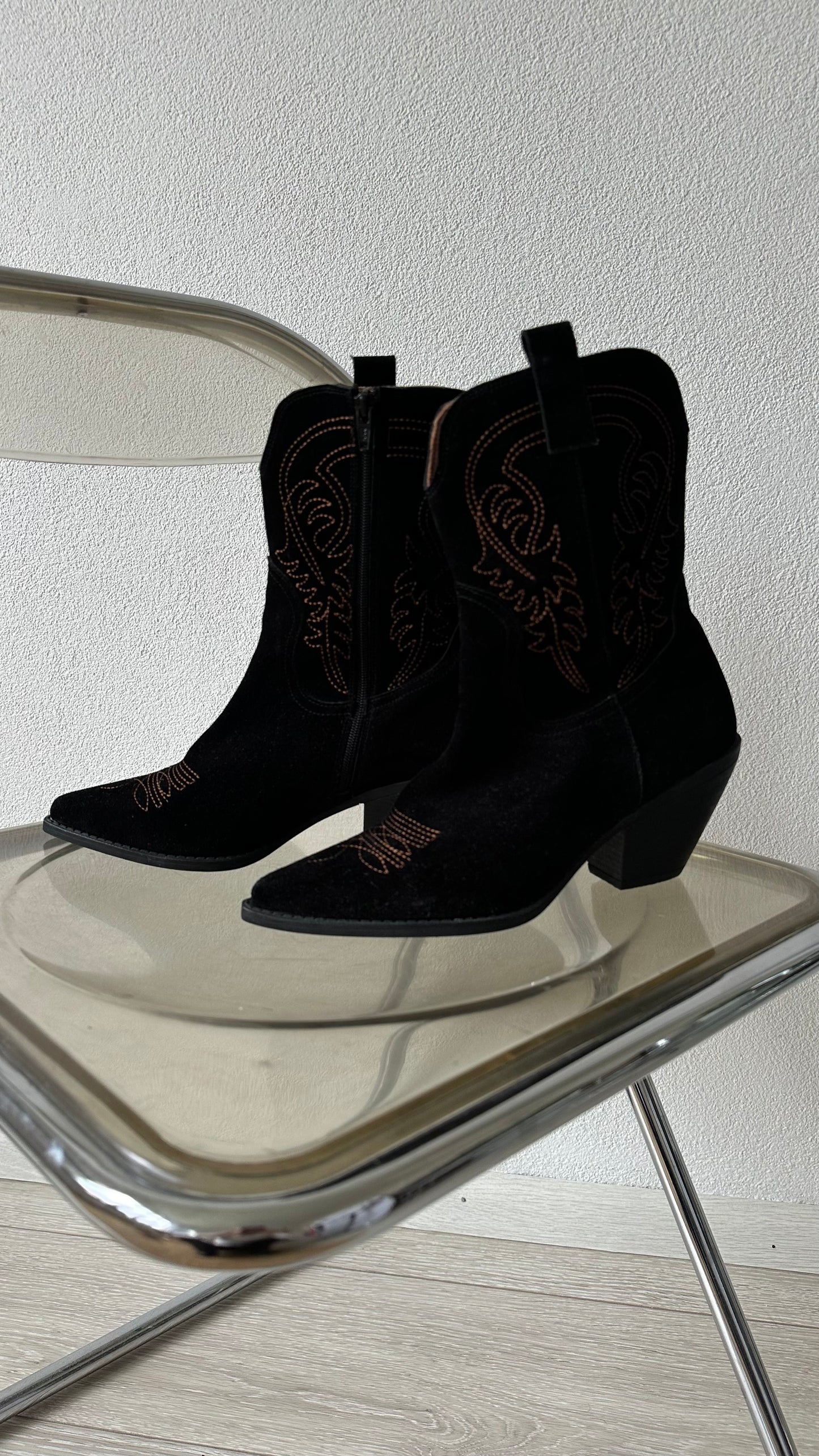 black suede cowboy boots with contrast stitching