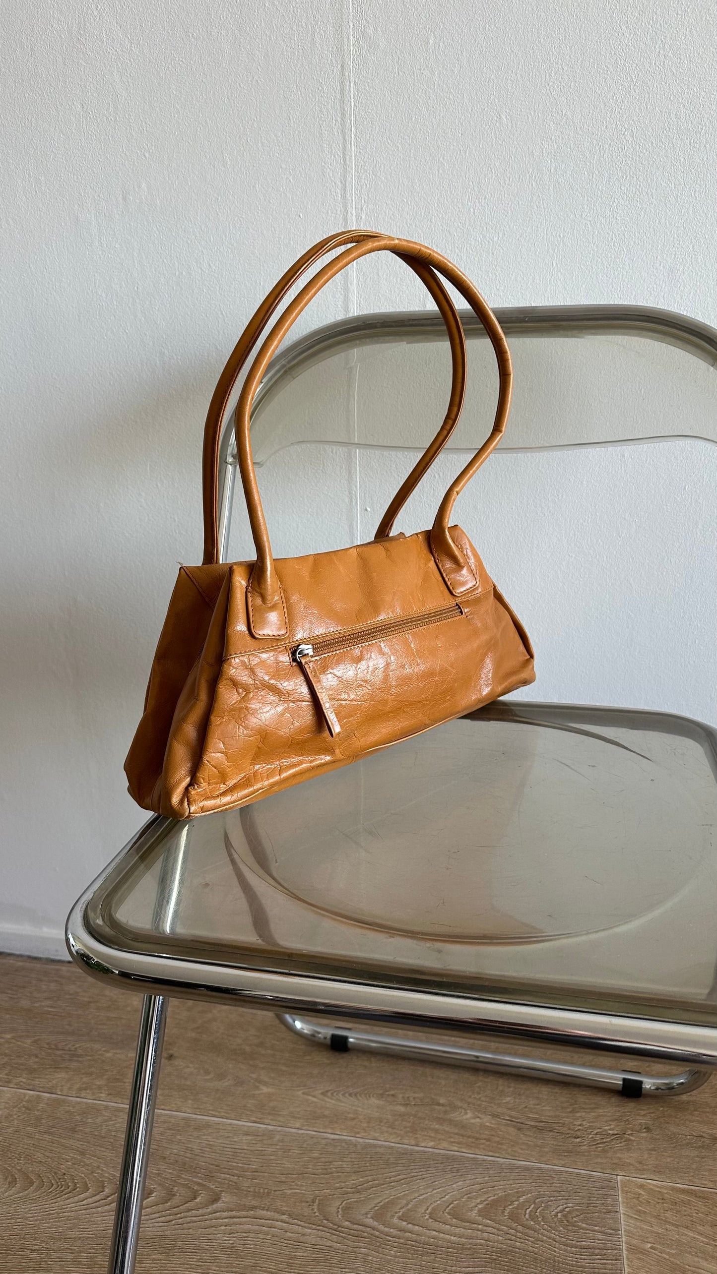 camel leather long handles bag