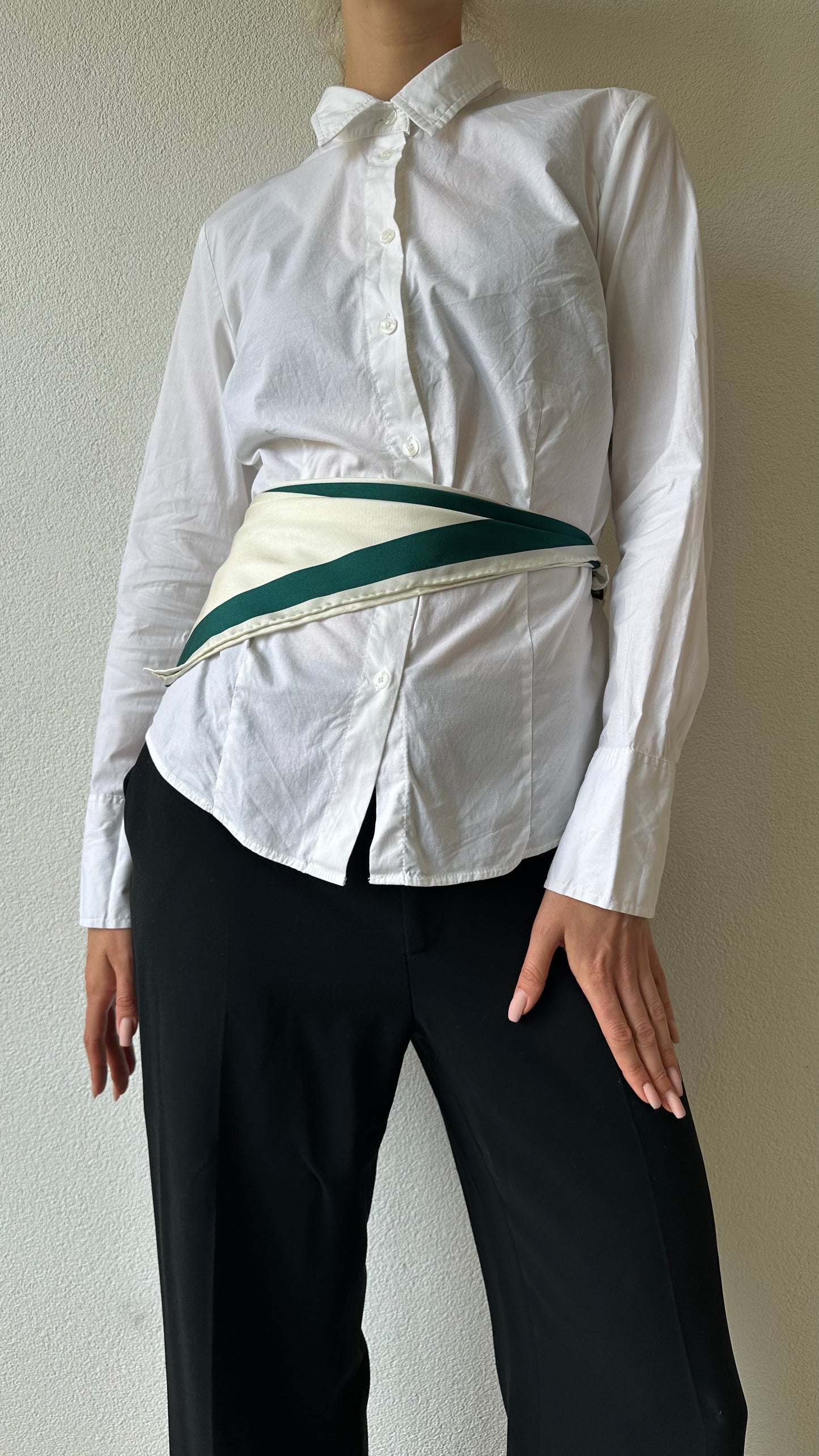 green and beige silk scarf