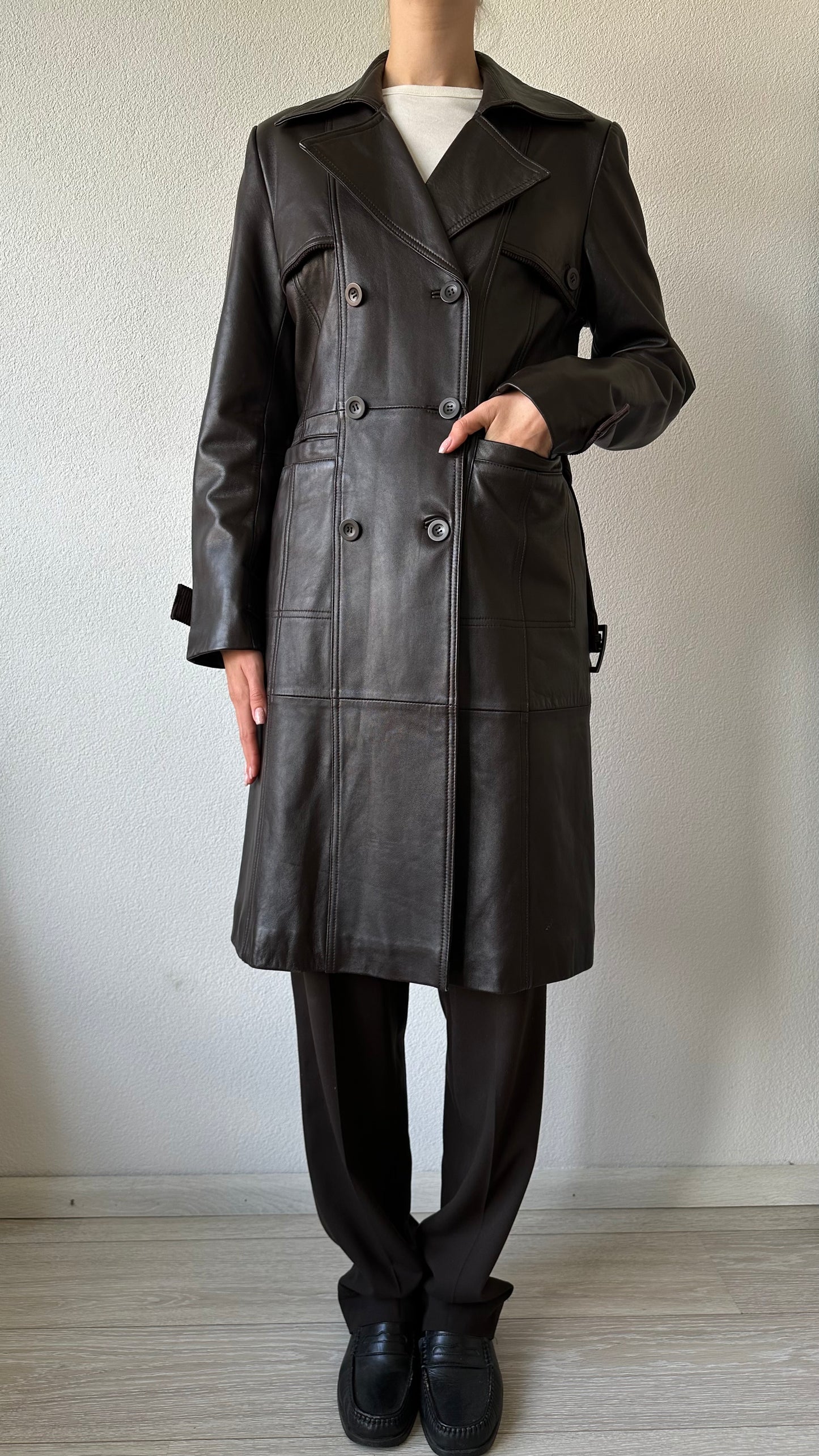 vintage brown leather midi trenchcoat
