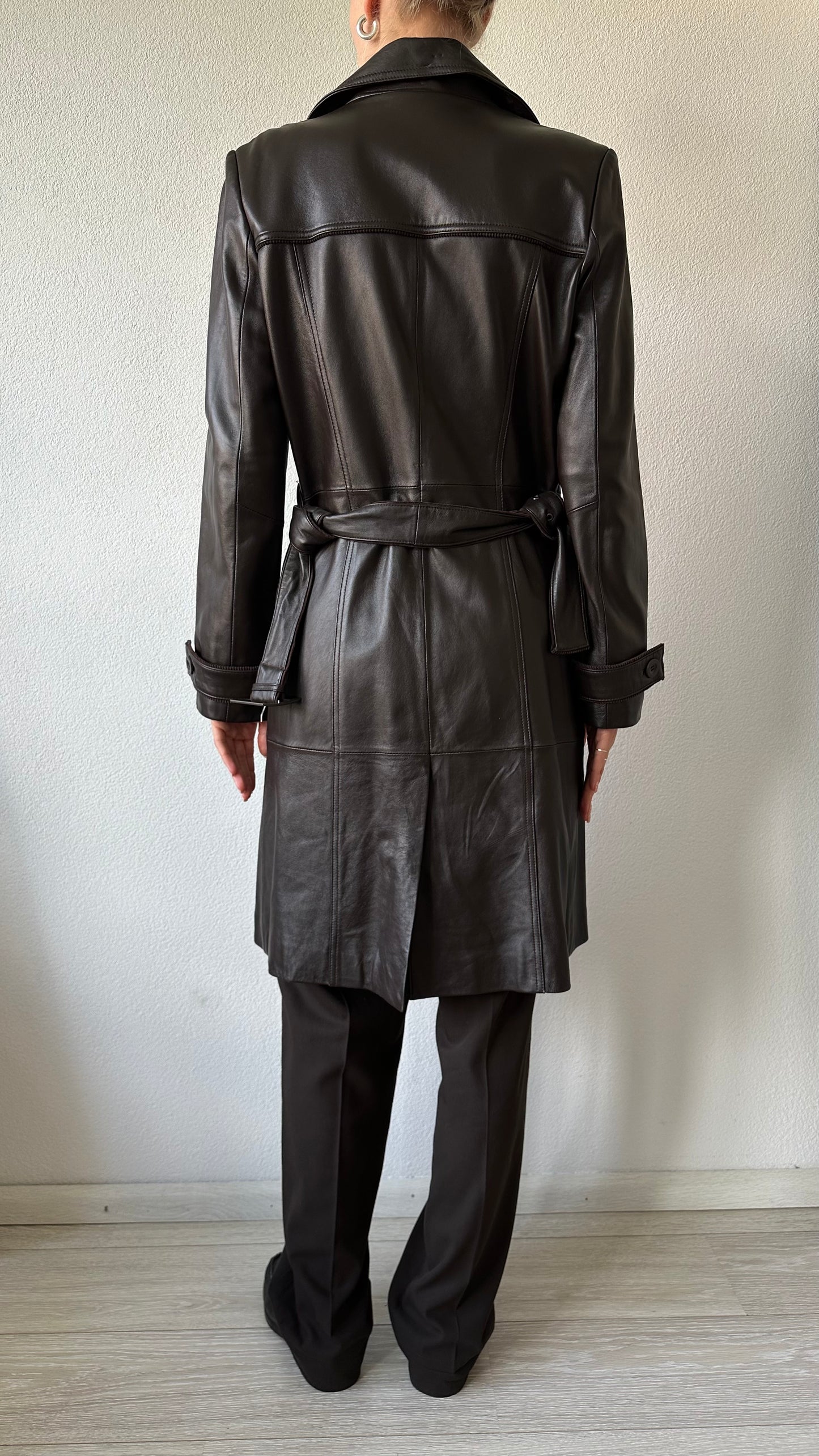 vintage brown leather midi trenchcoat