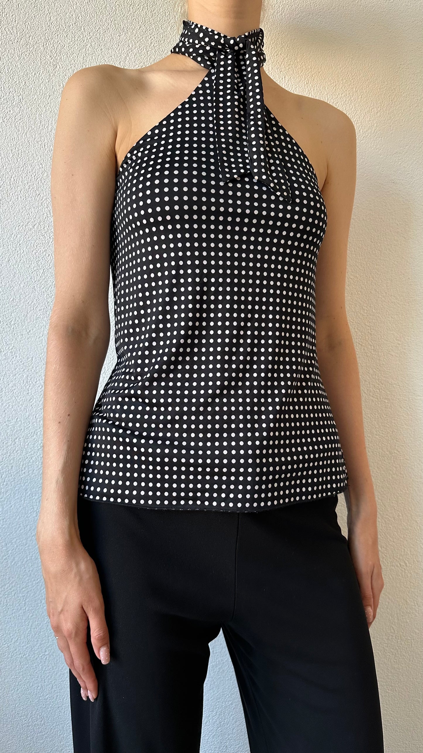 polkadot black and white halter top