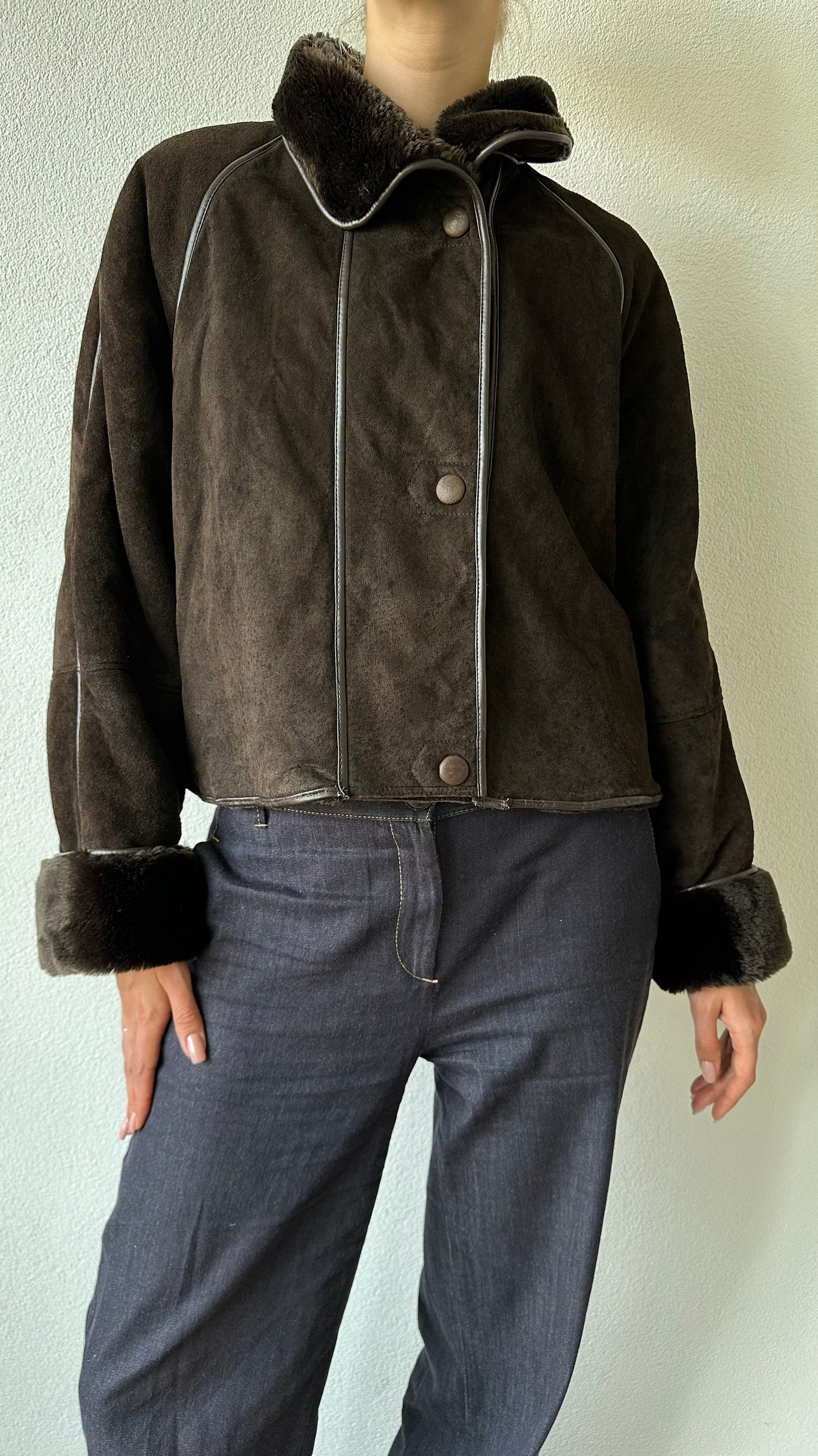 cropped brown suede coat with faux fur lining