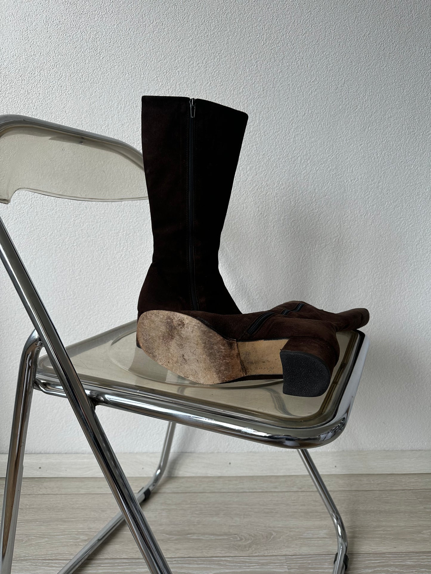brown suede boots with inside zipper and block heel