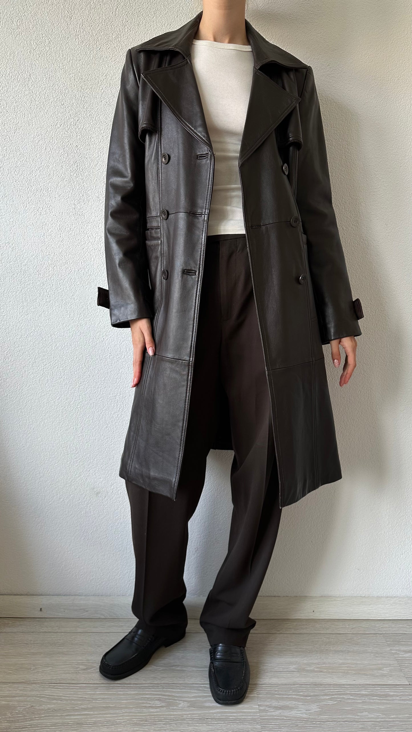 vintage brown leather midi trenchcoat