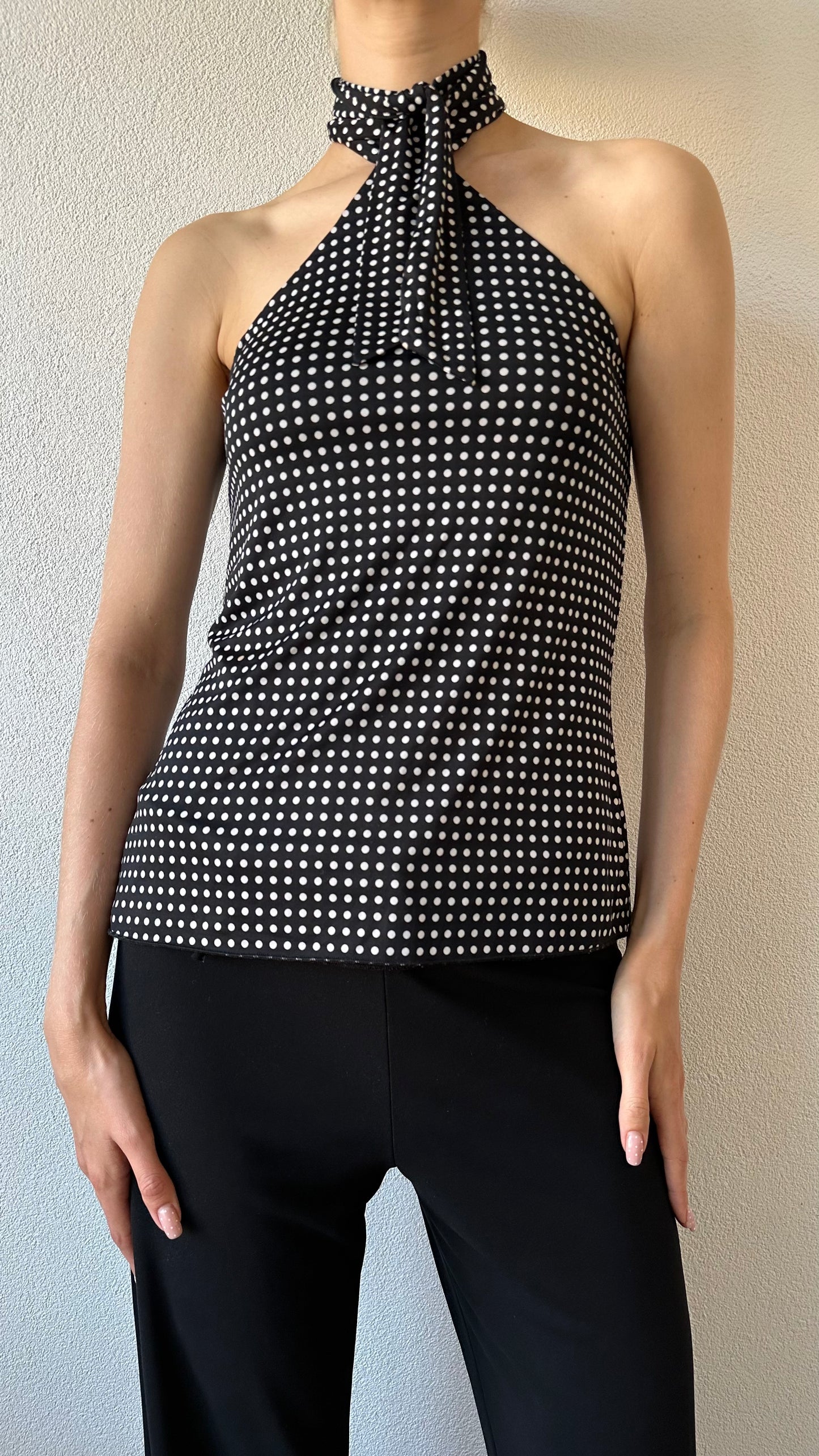 polkadot black and white halter top