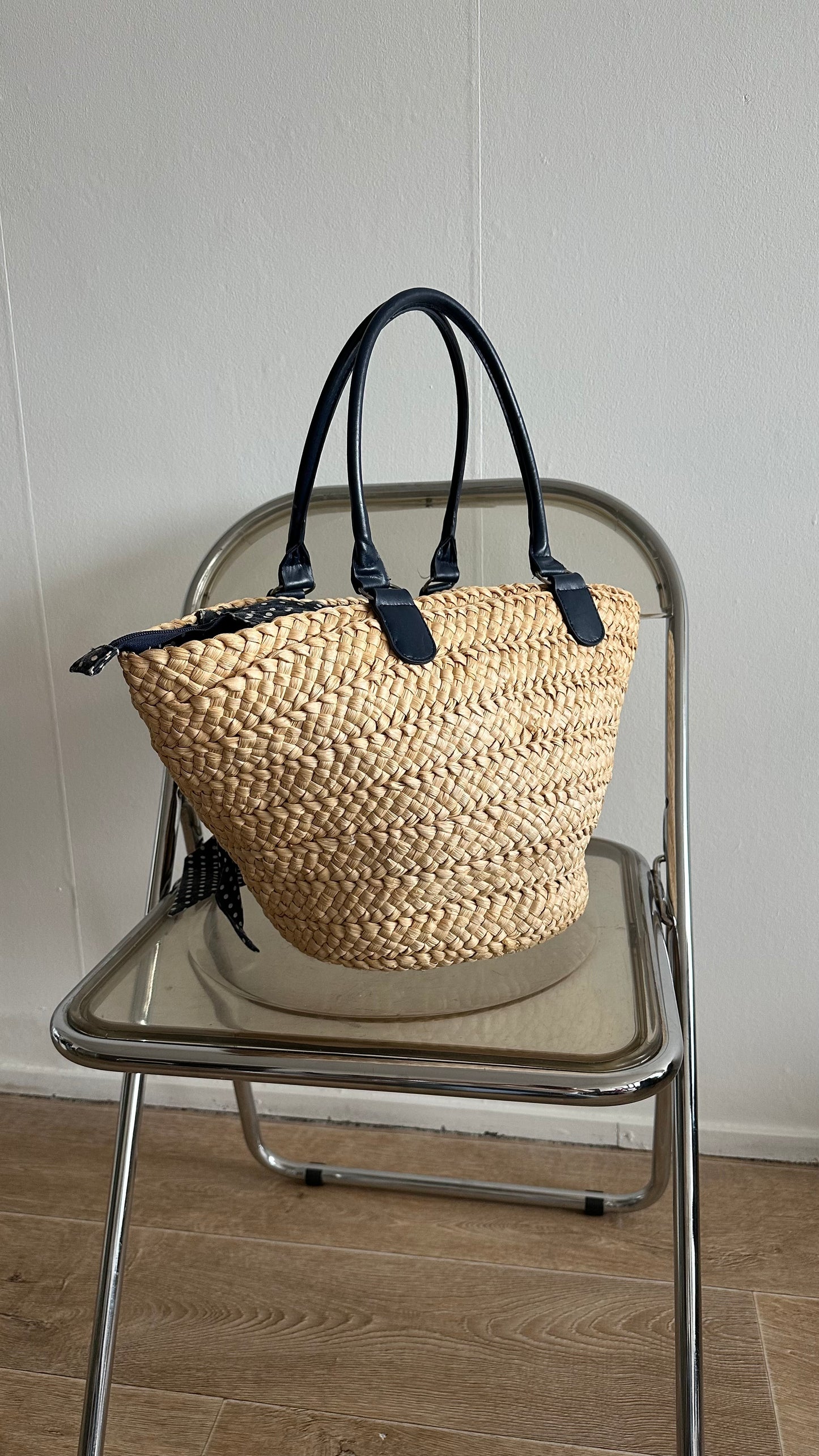 blue polka dot straw basket bag