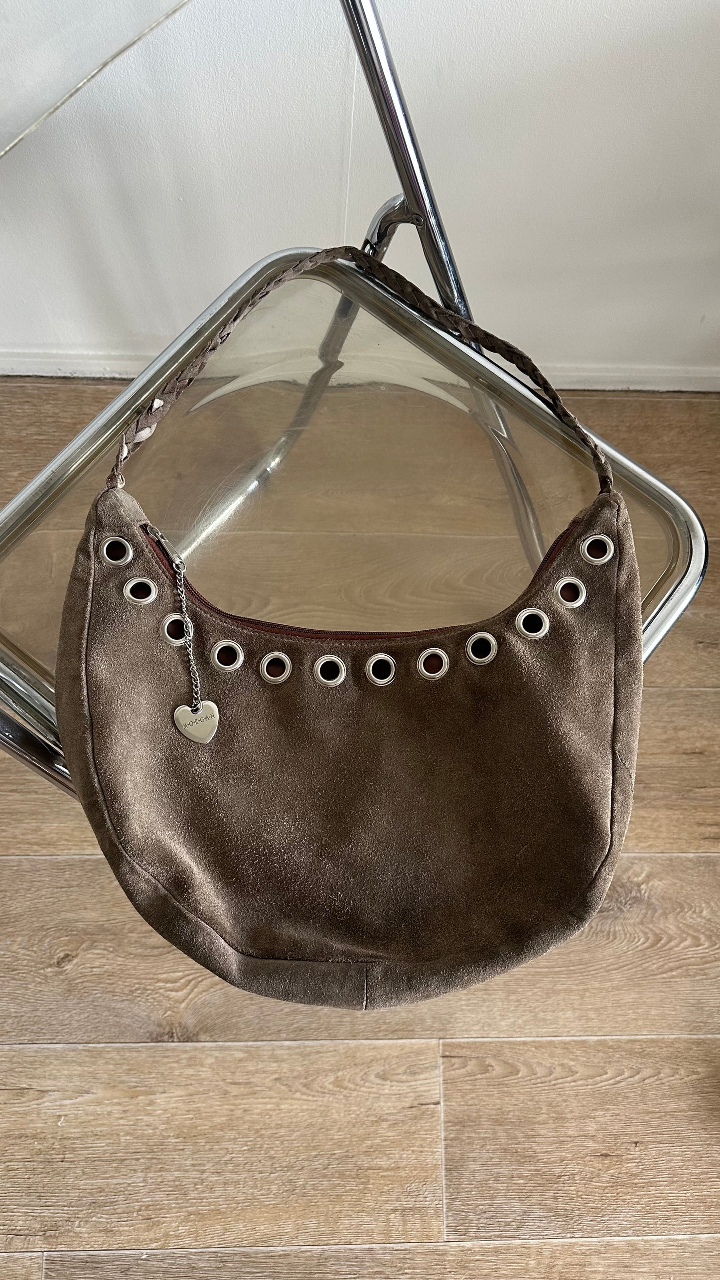 suede brown half moon bag silver rounds