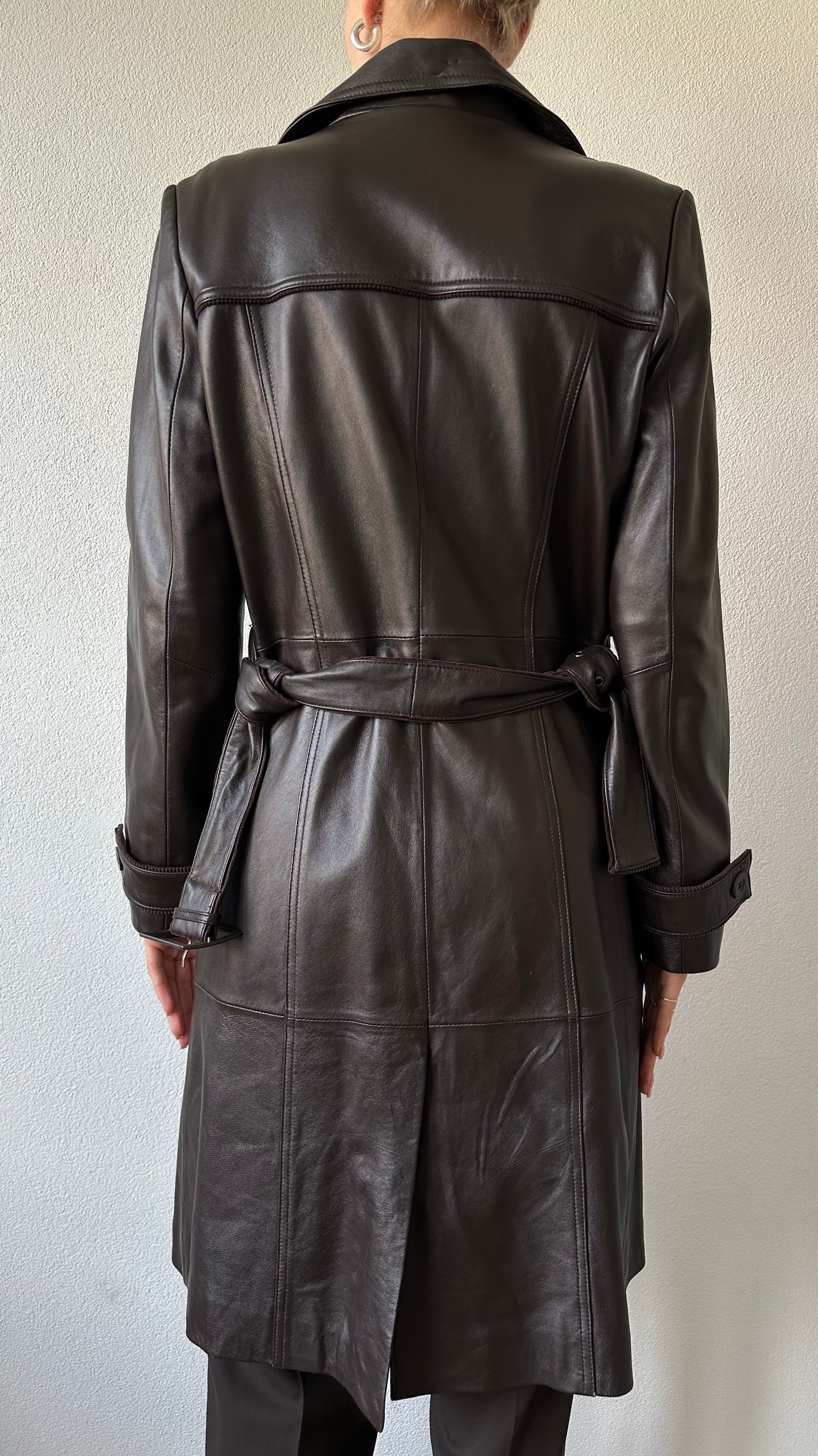 vintage brown leather midi trenchcoat