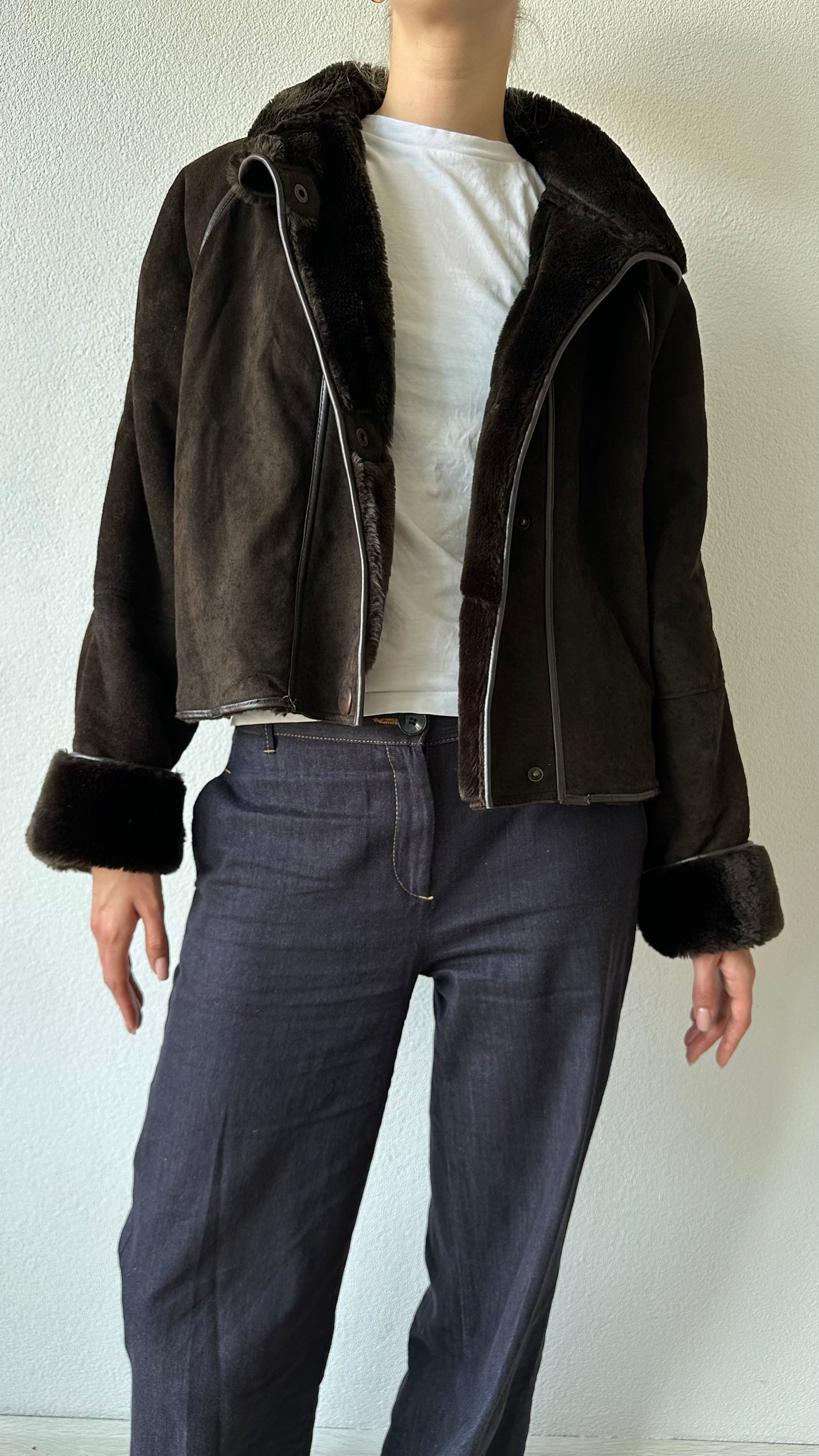 cropped brown suede coat with faux fur lining