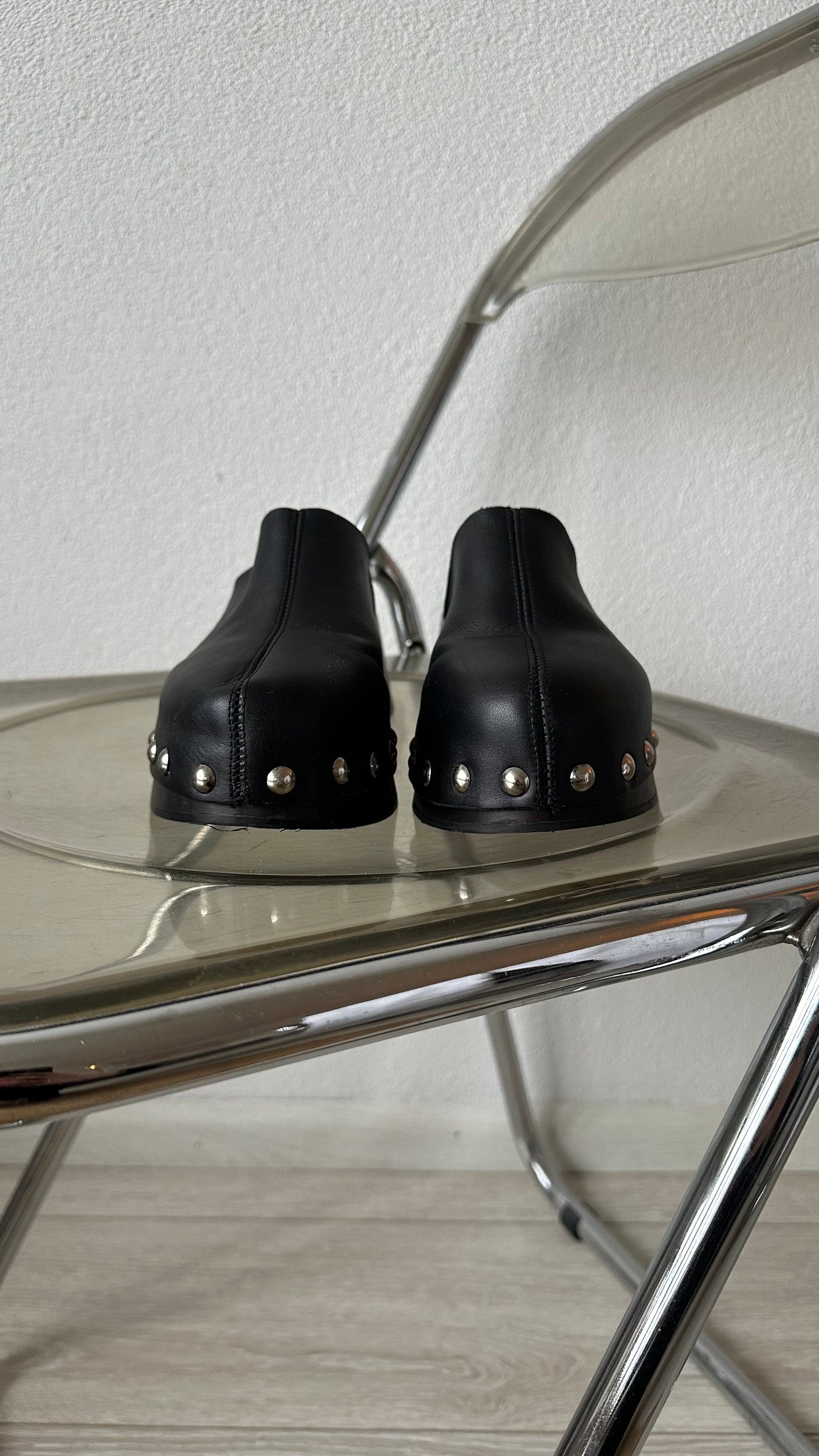 black leather mules studs clogs block heel