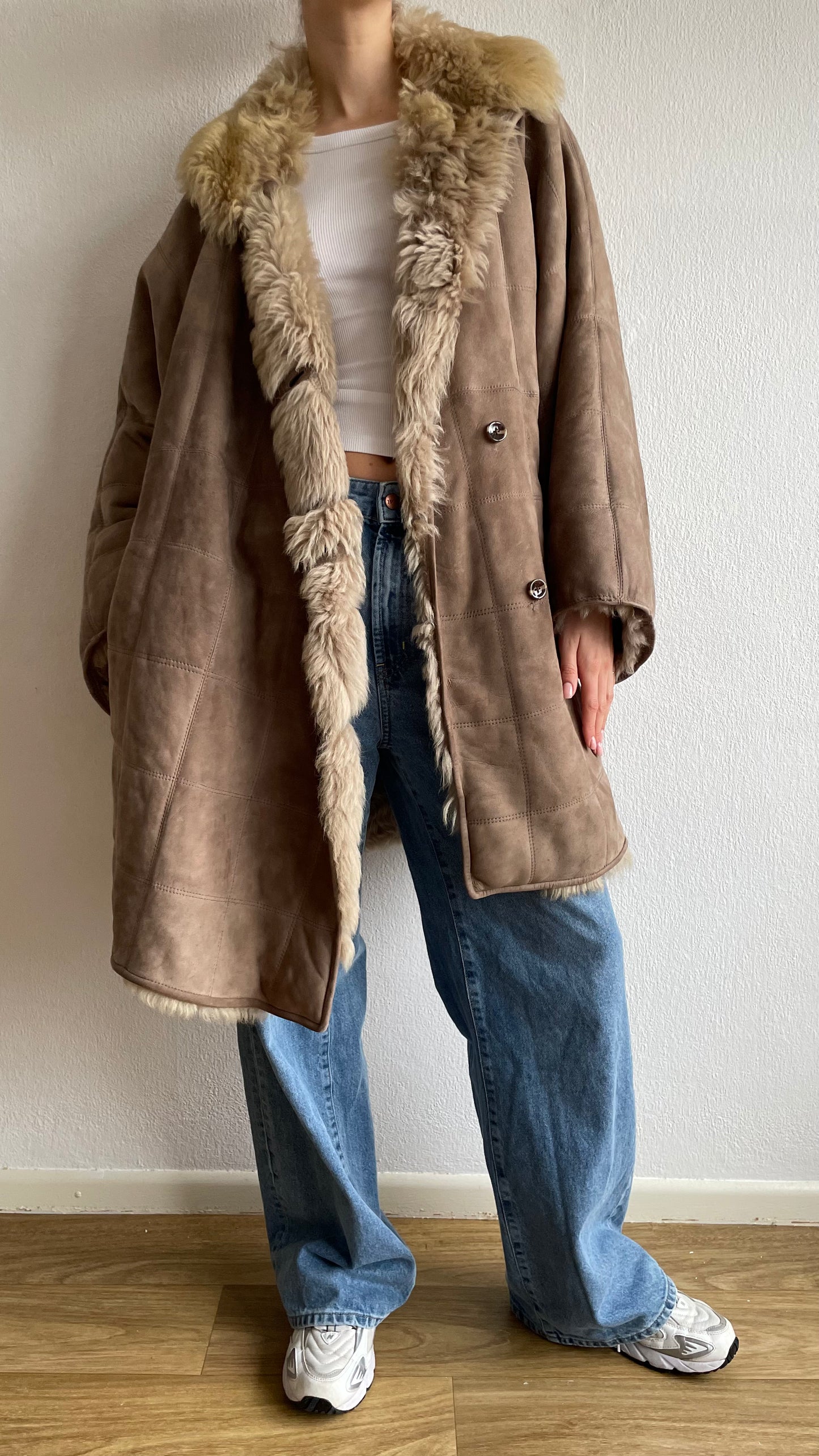 grey beige vintage sheepwool suede coat