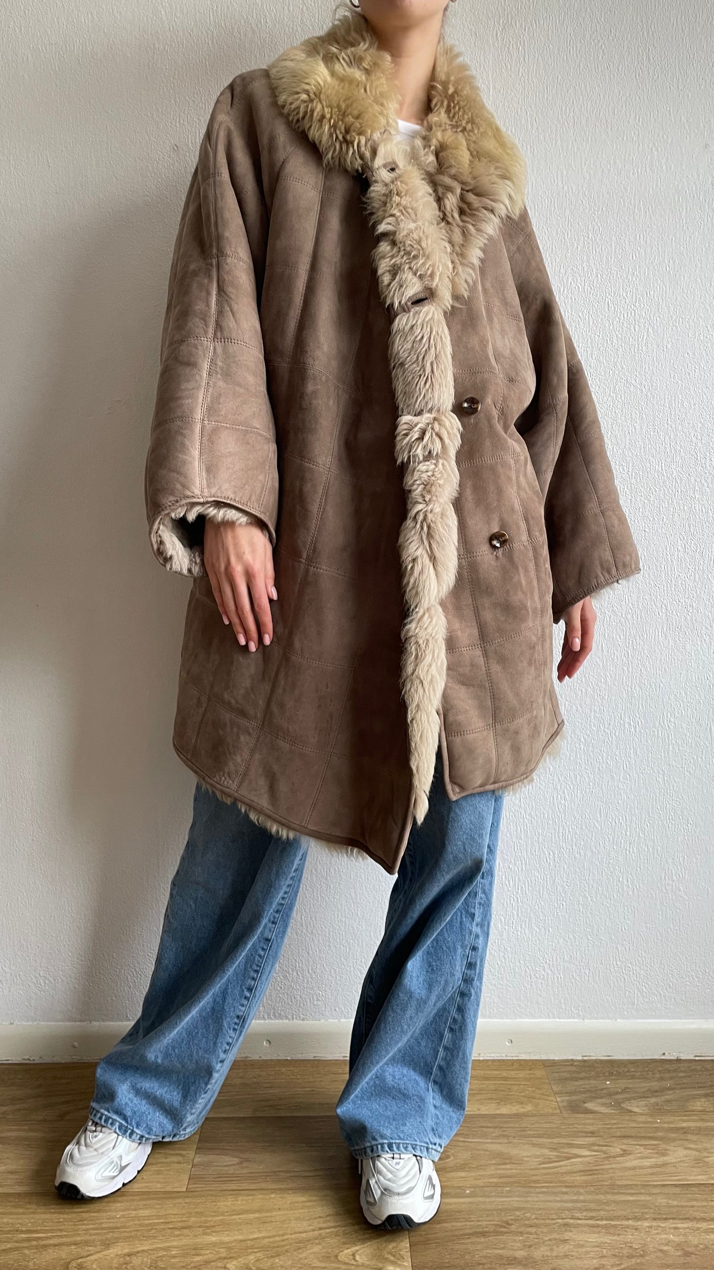 grey beige vintage sheepwool suede coat