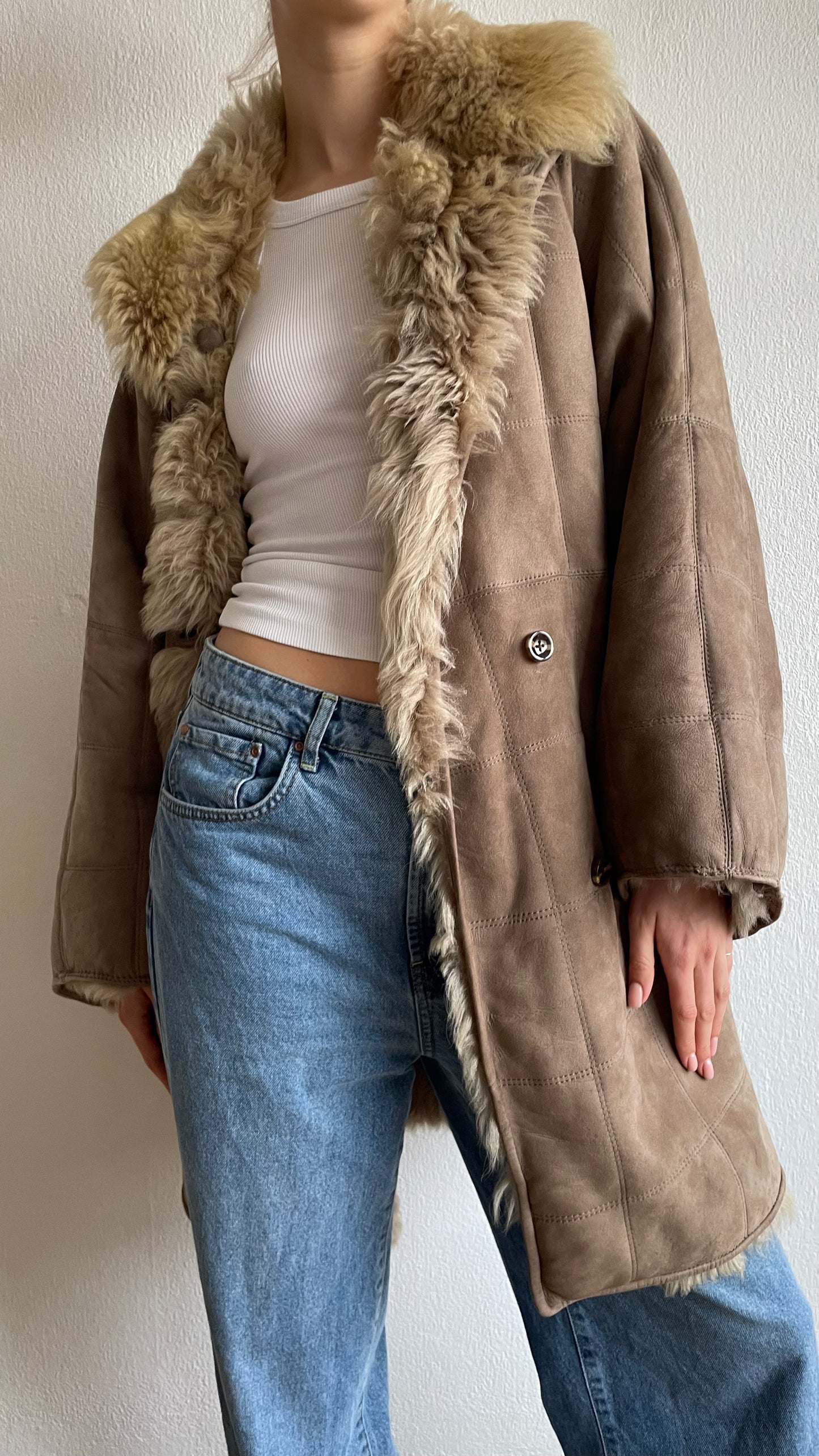 grey beige vintage sheepwool suede coat