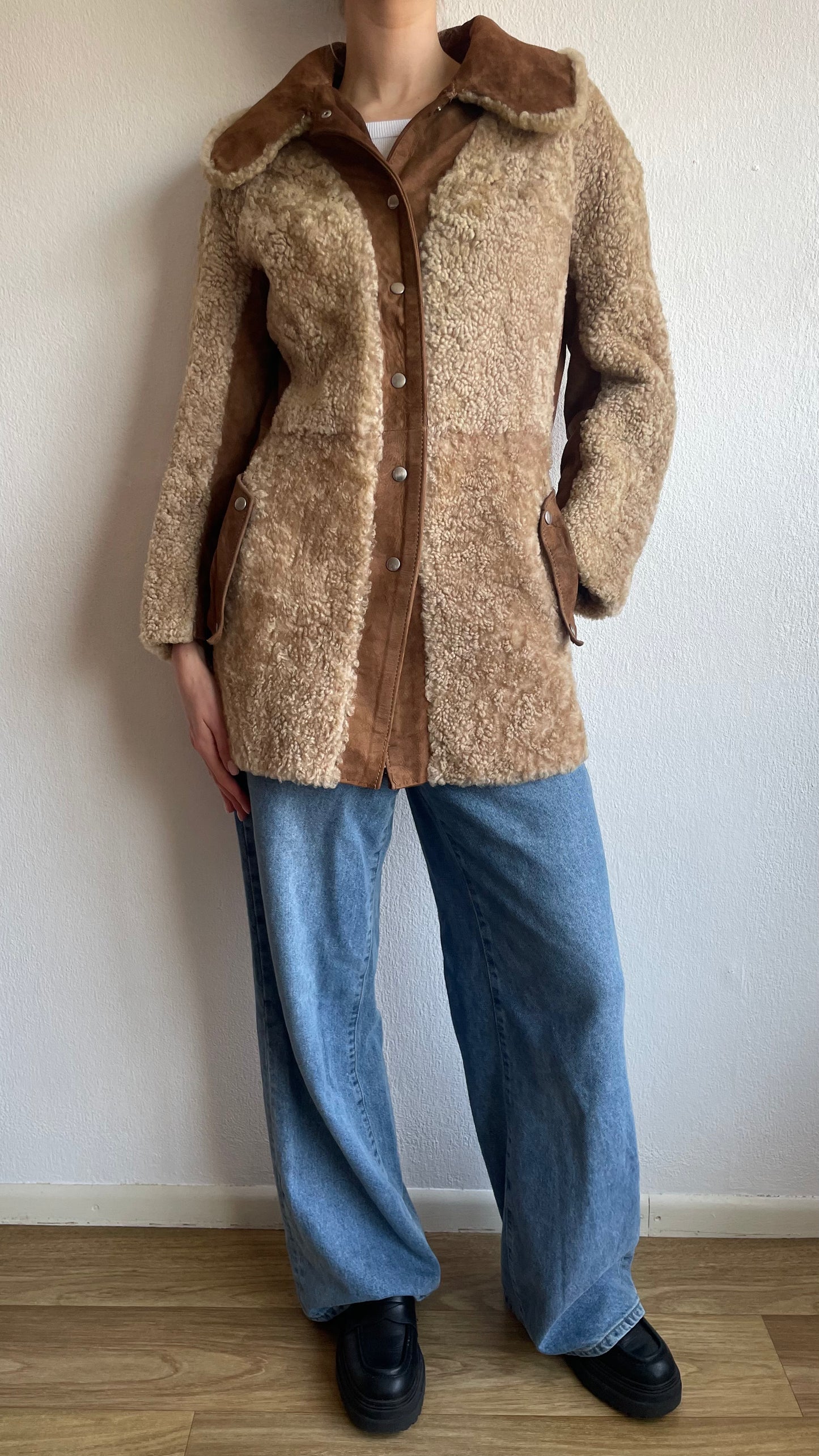 brown vintage sheepwool and suede coat