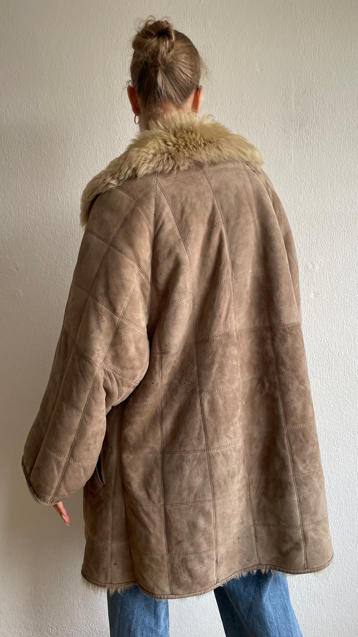 grey beige vintage sheepwool suede coat