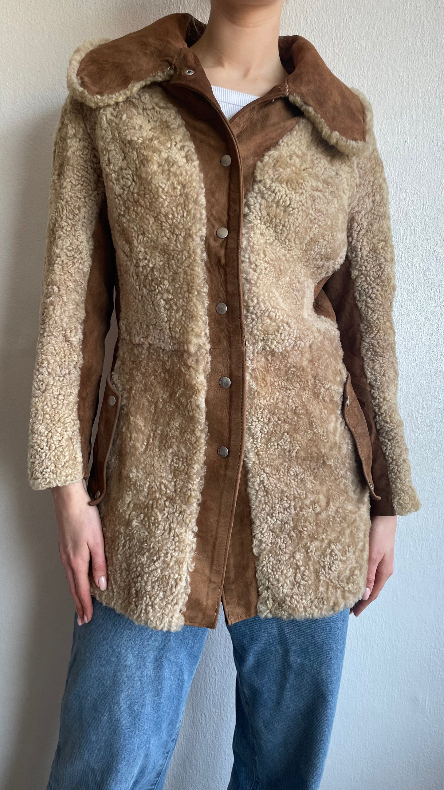 brown vintage sheepwool and suede coat