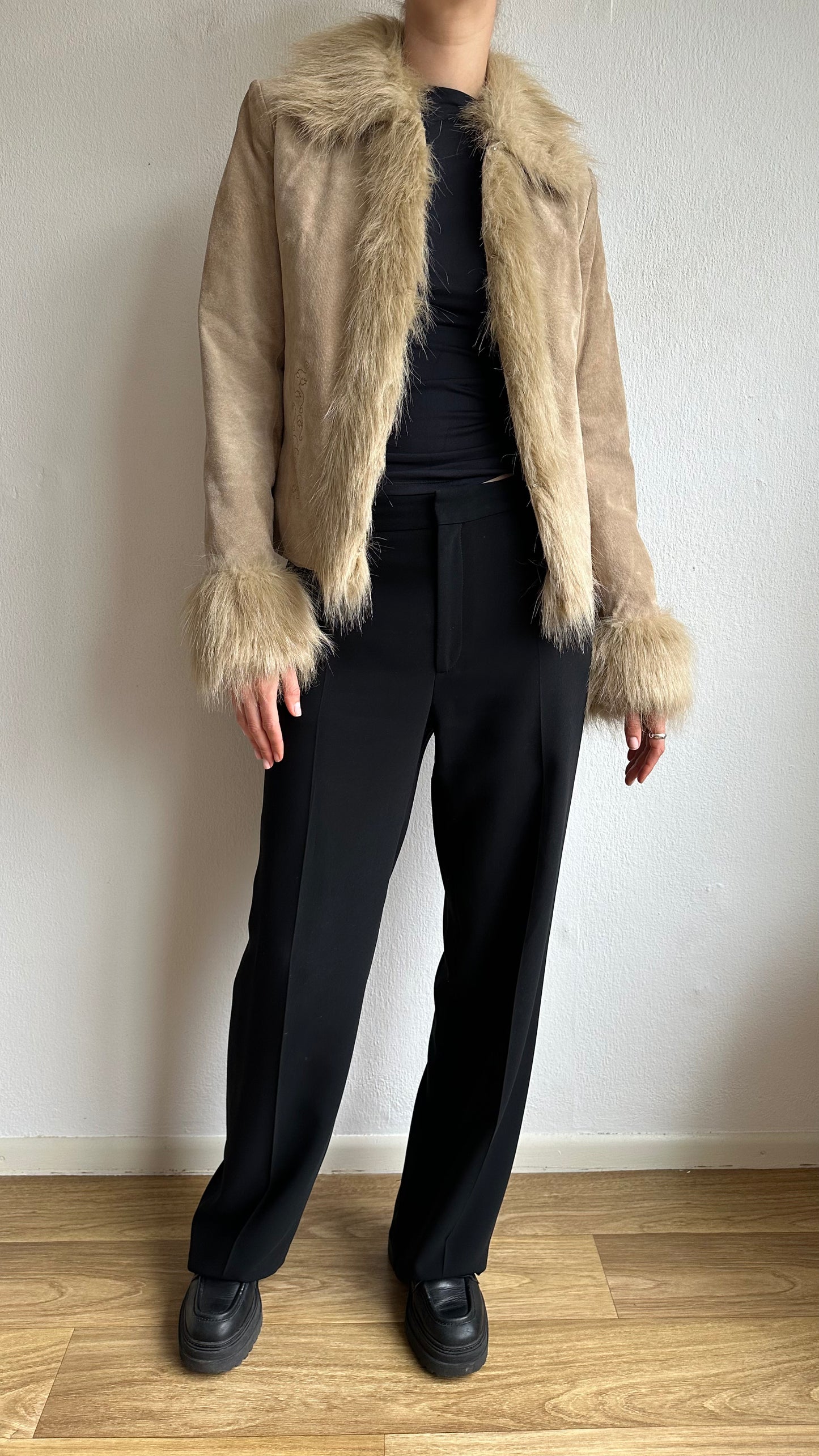 real suede with faux fur short afghan coat beige