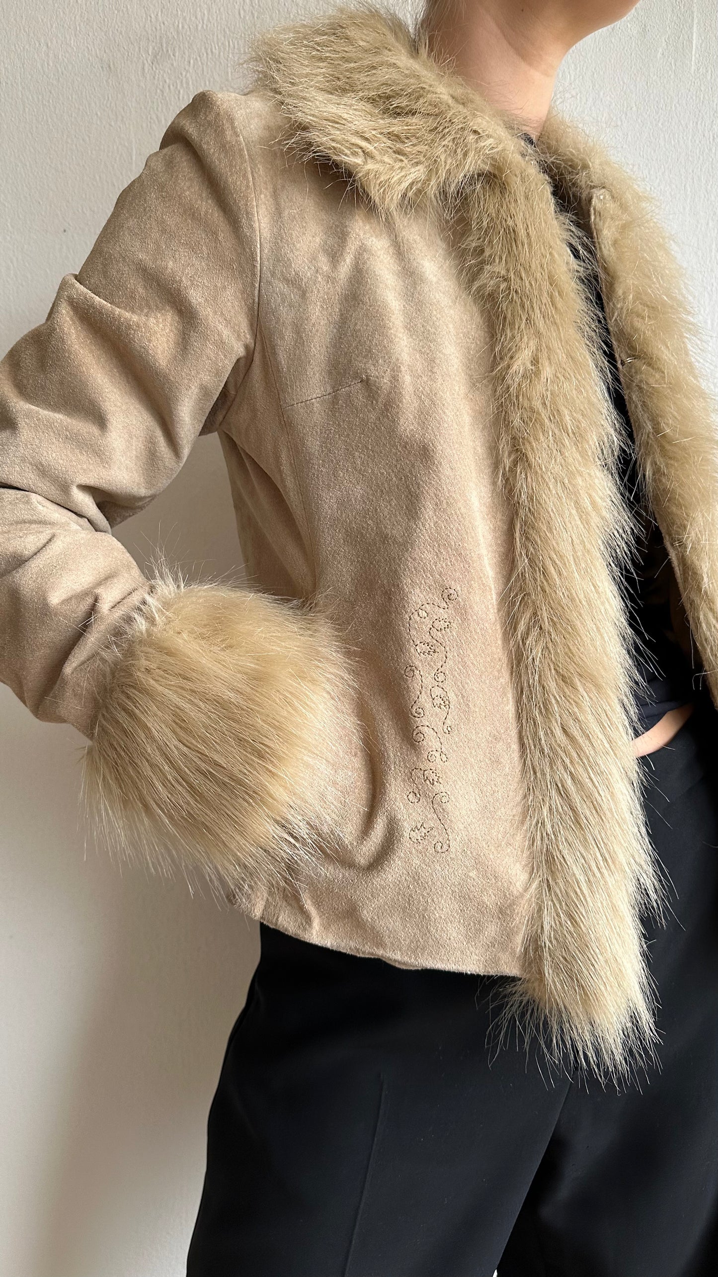 real suede with faux fur short afghan coat beige