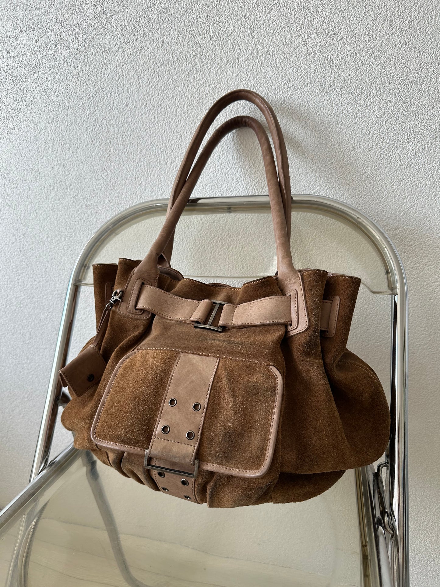 brown suede belted shoulderbag
