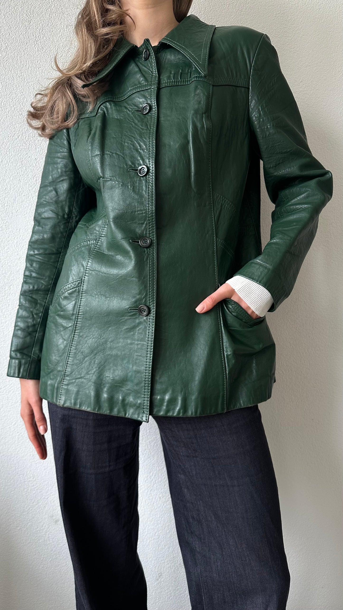 green vintage 70s leather jacket