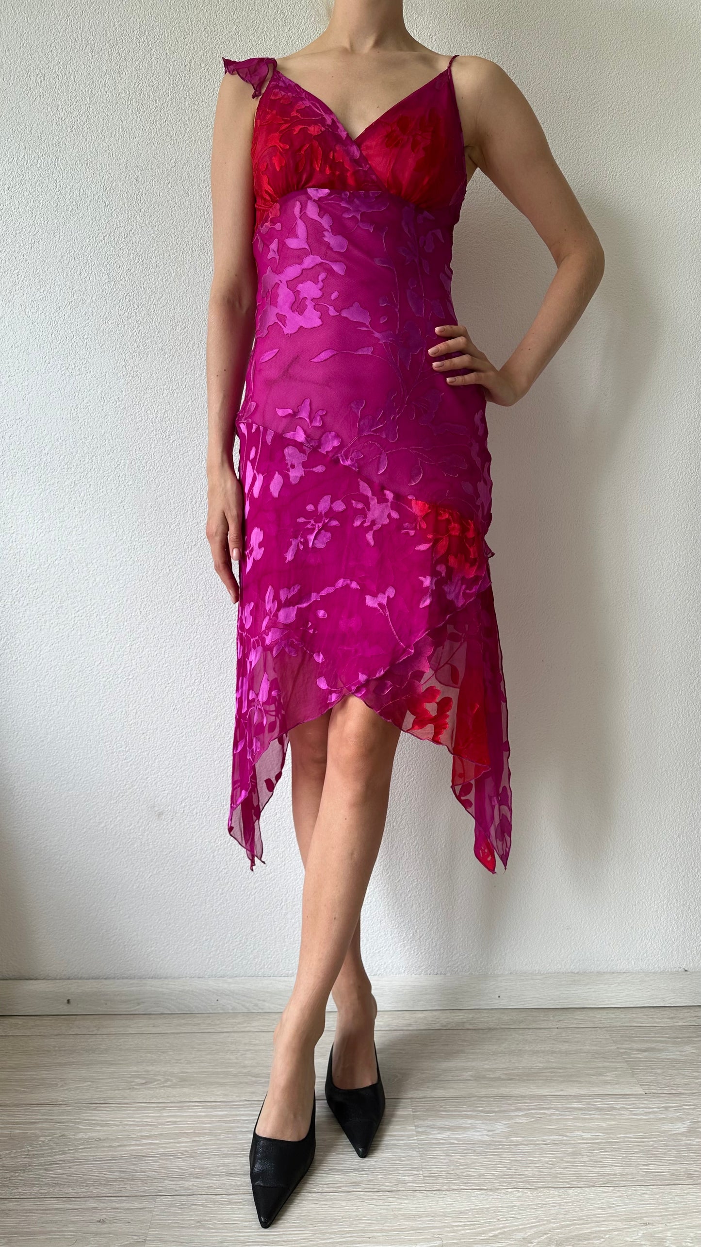 pink and red silk midi dress