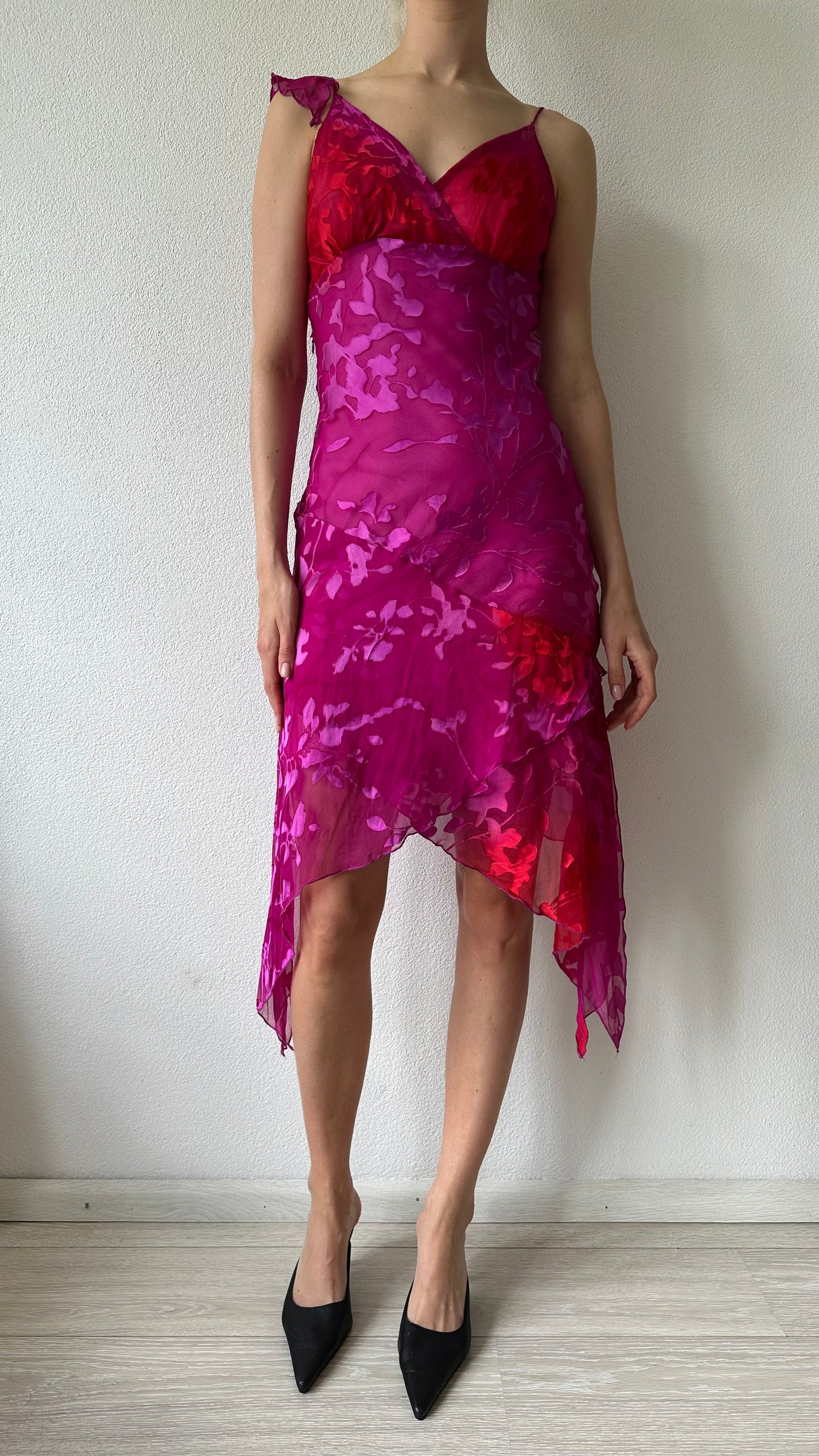 pink and red silk midi dress