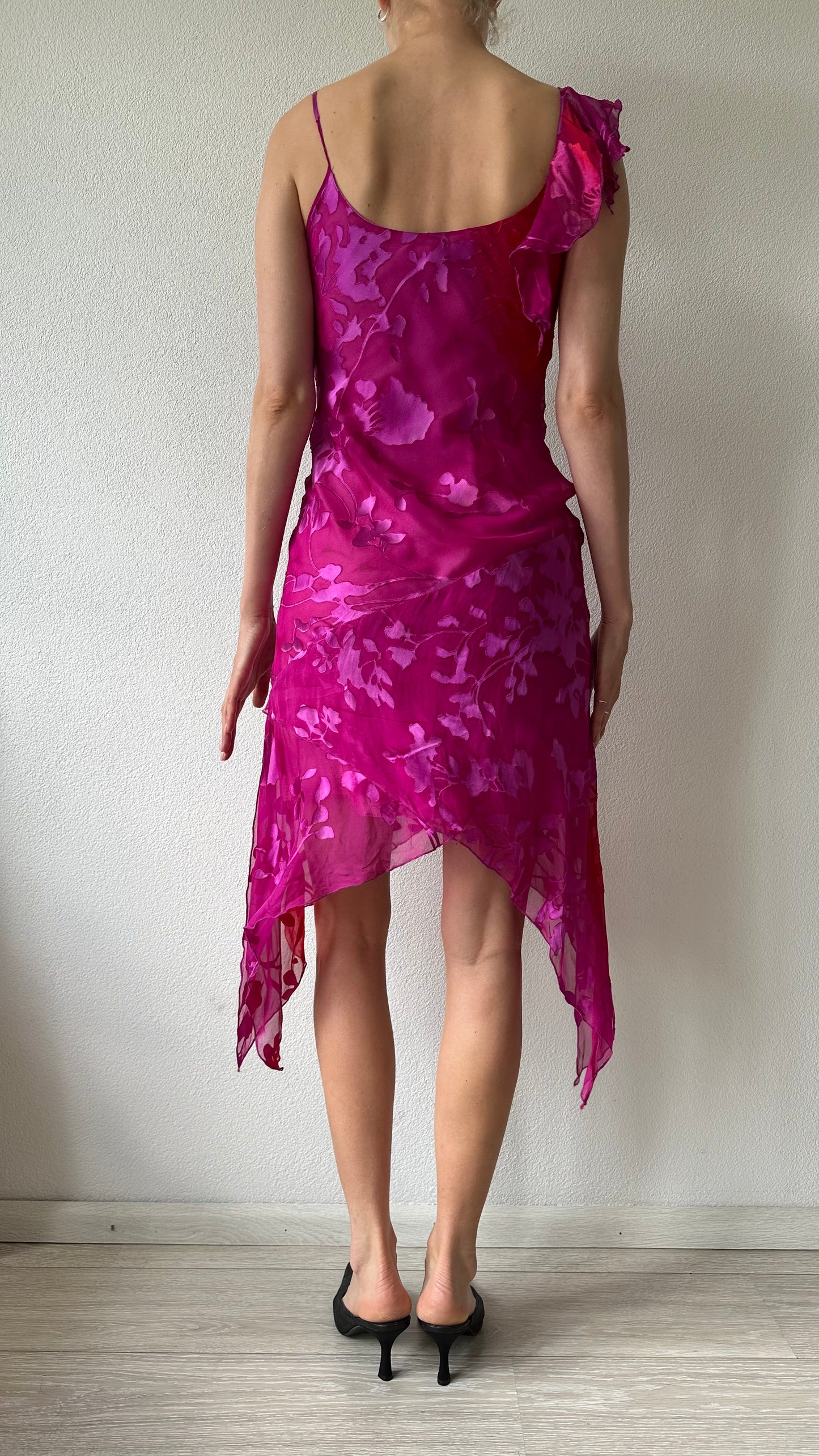 pink and red silk midi dress