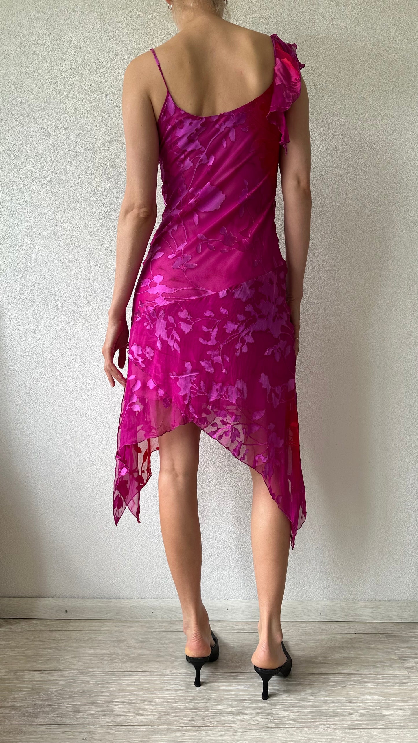 pink and red silk midi dress