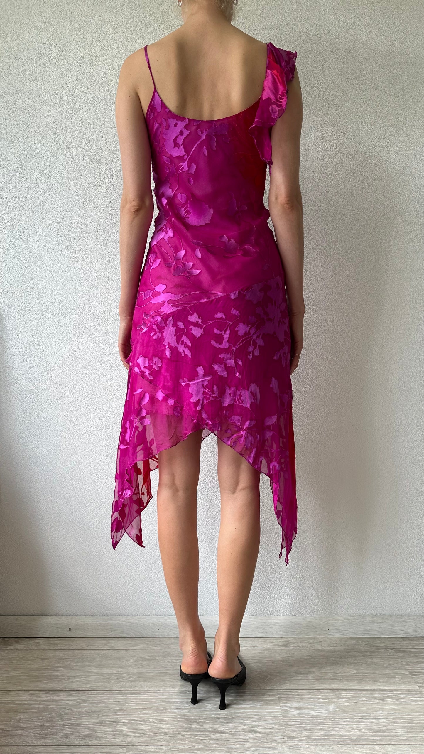 pink and red silk midi dress