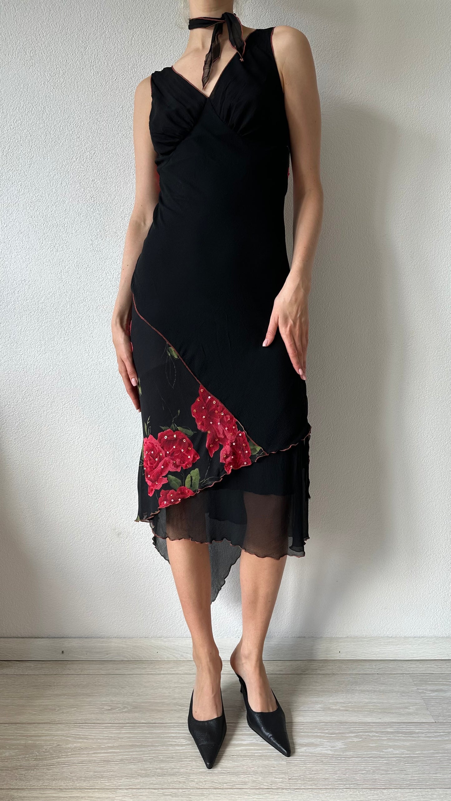 black silk floral midi dress