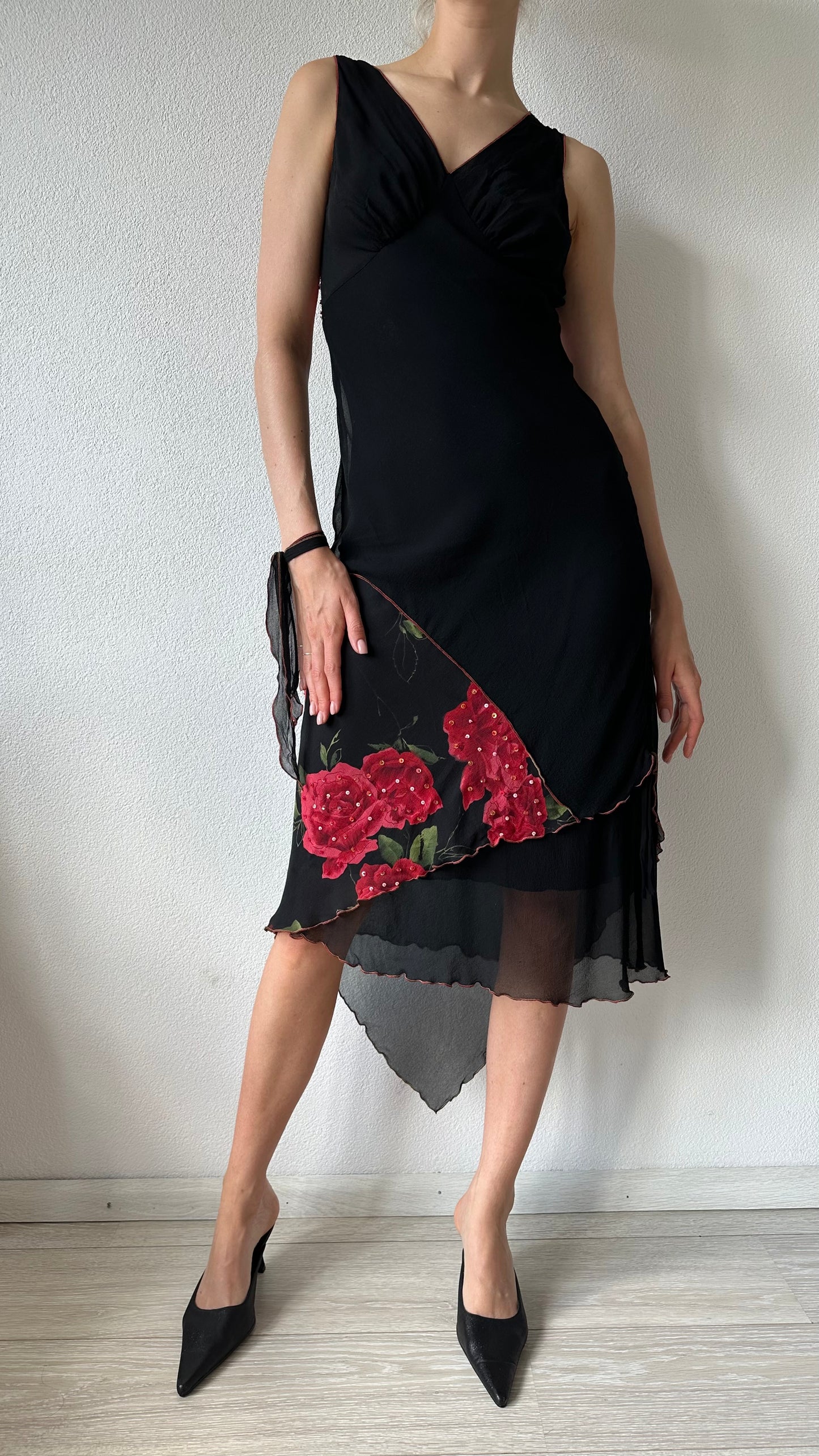 black silk floral midi dress