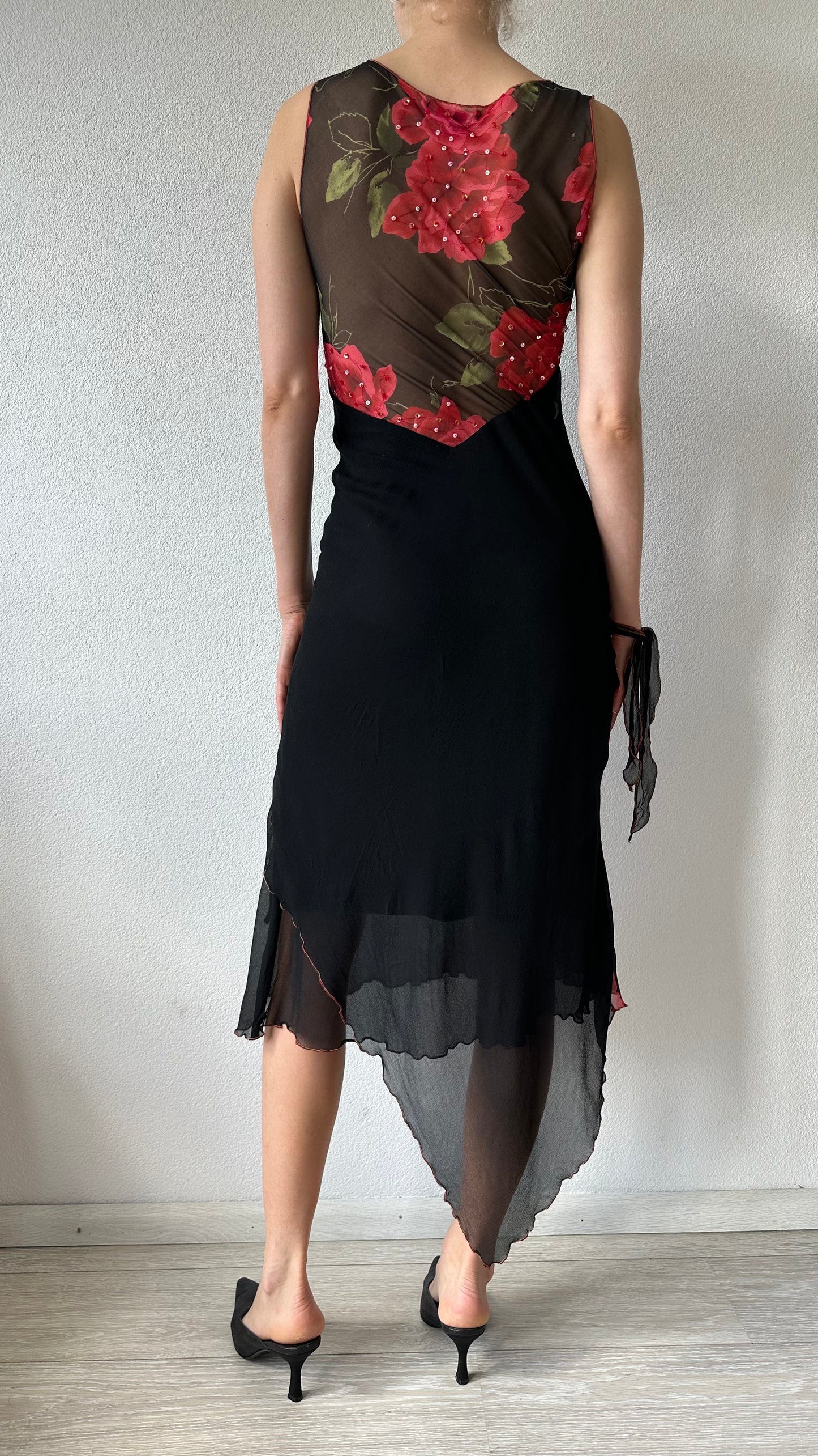 black silk floral midi dress