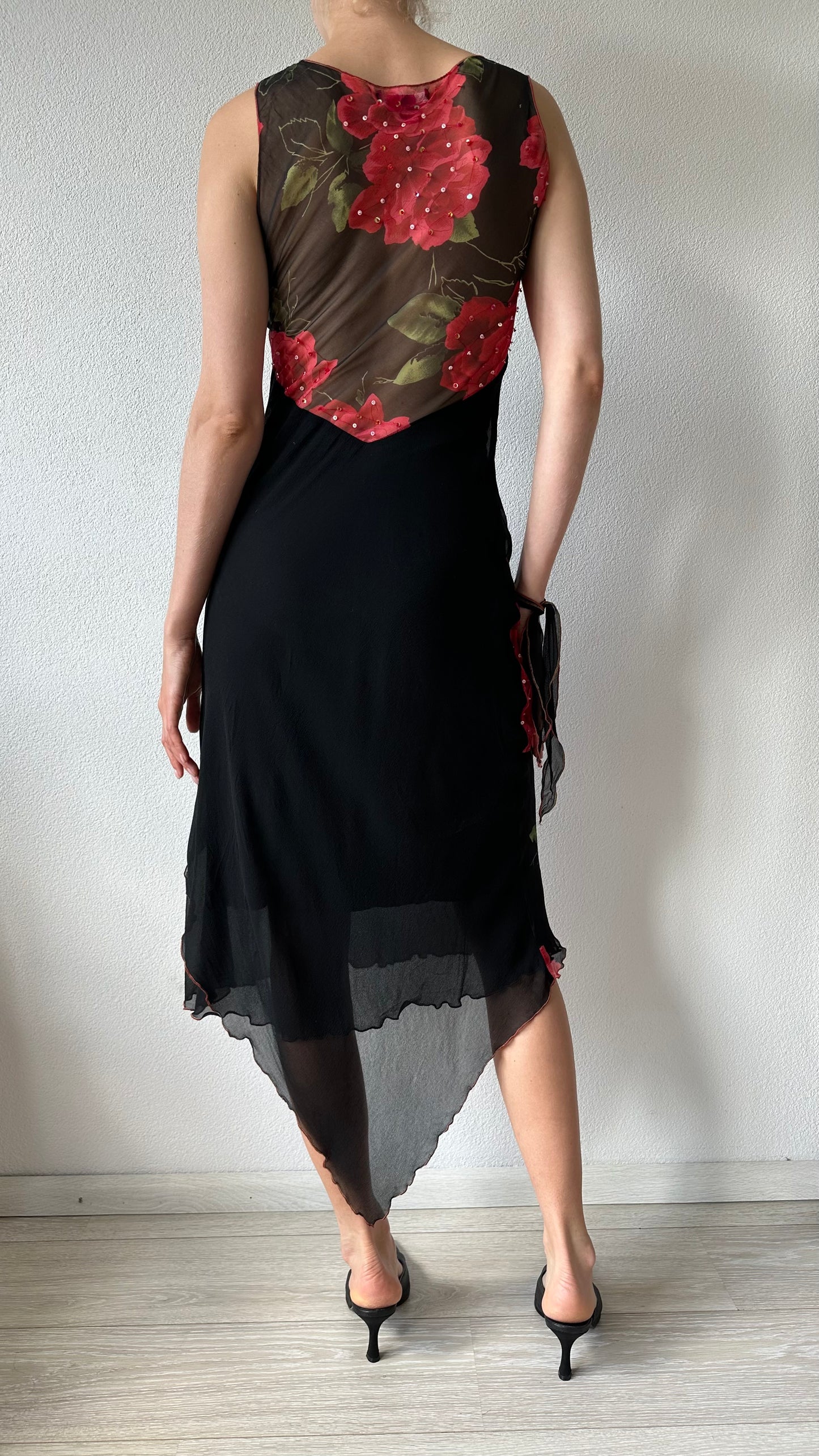black silk floral midi dress