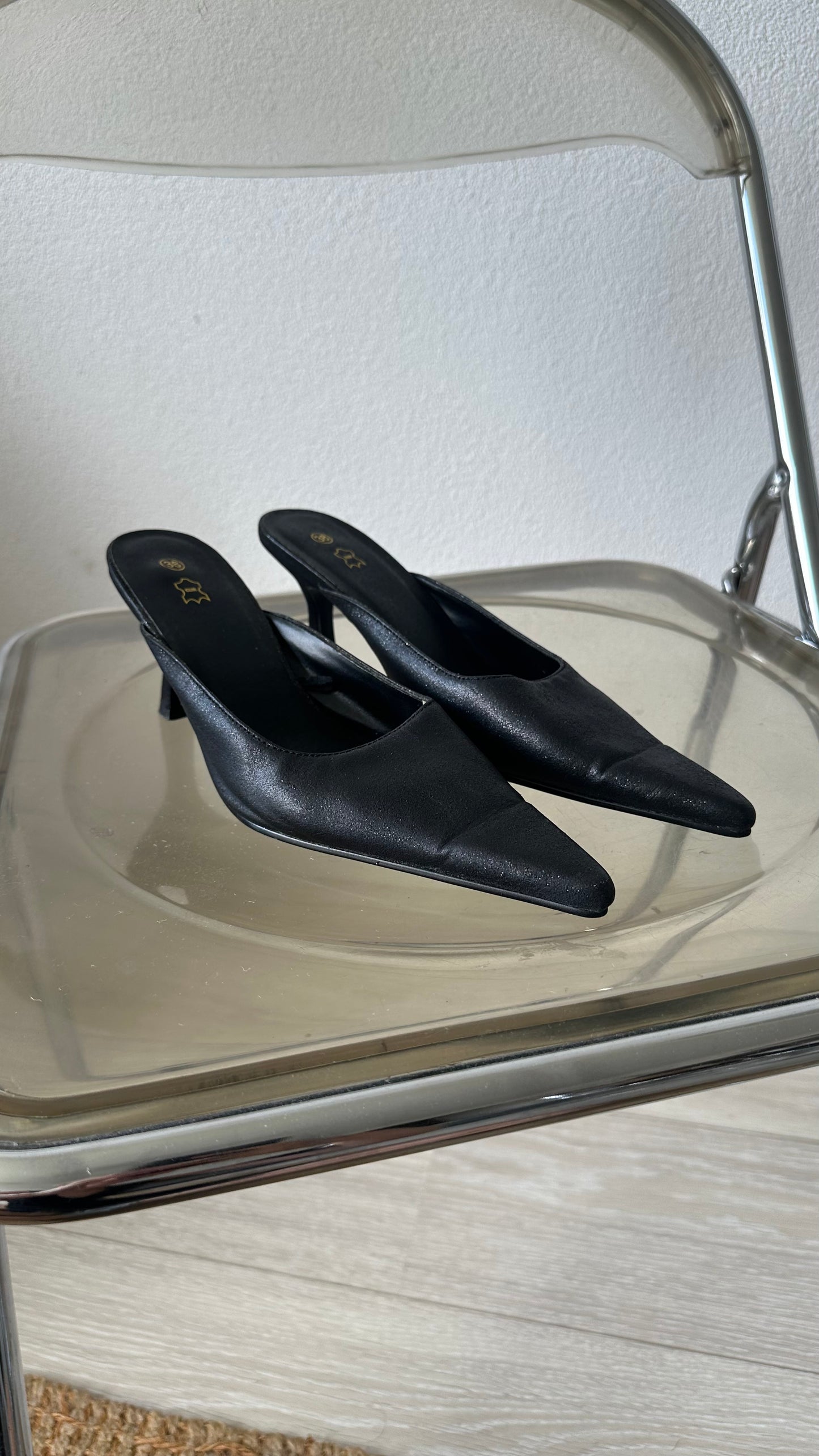 black glitter pointed slip on heels