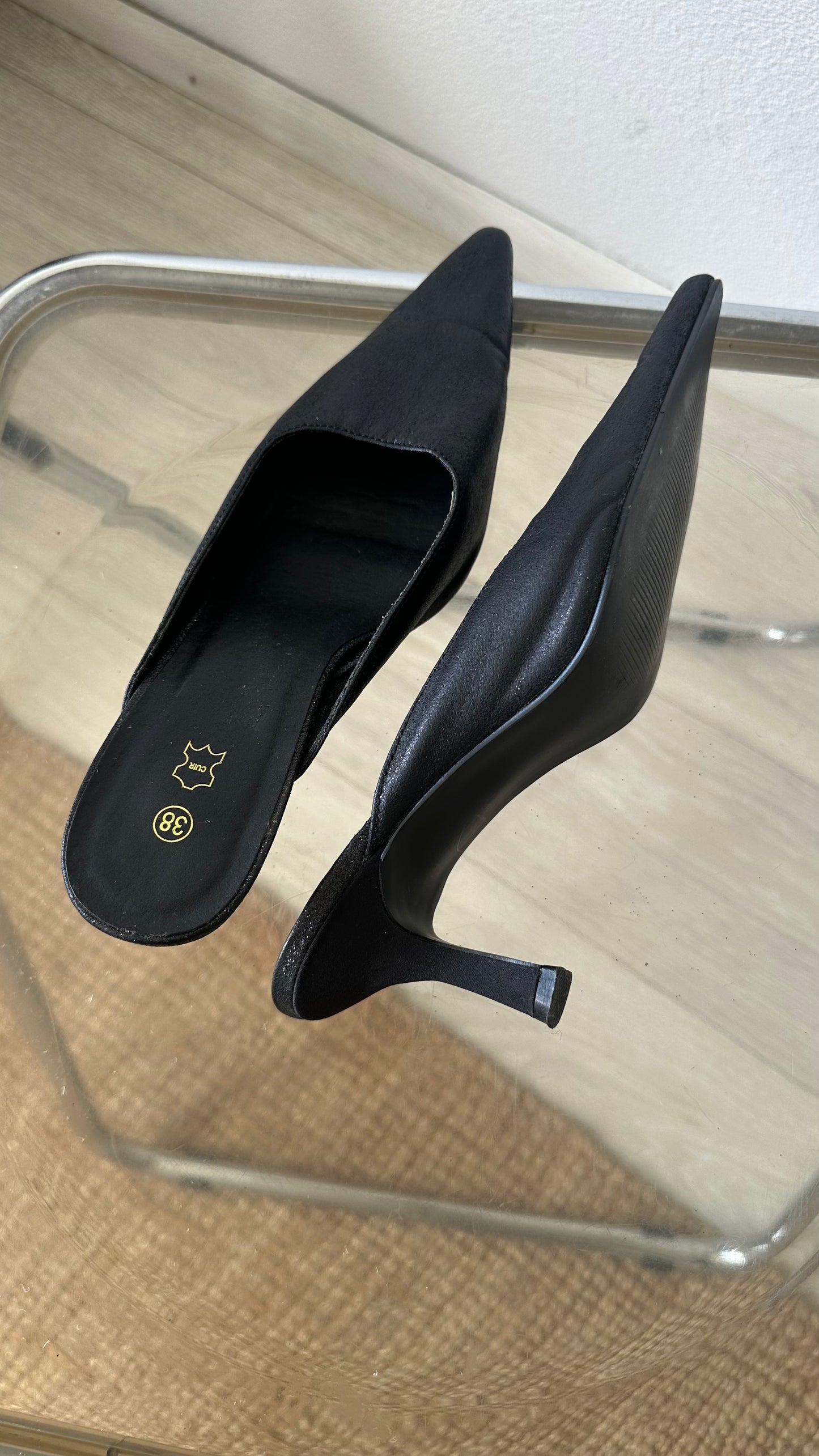 black glitter pointed slip on heels