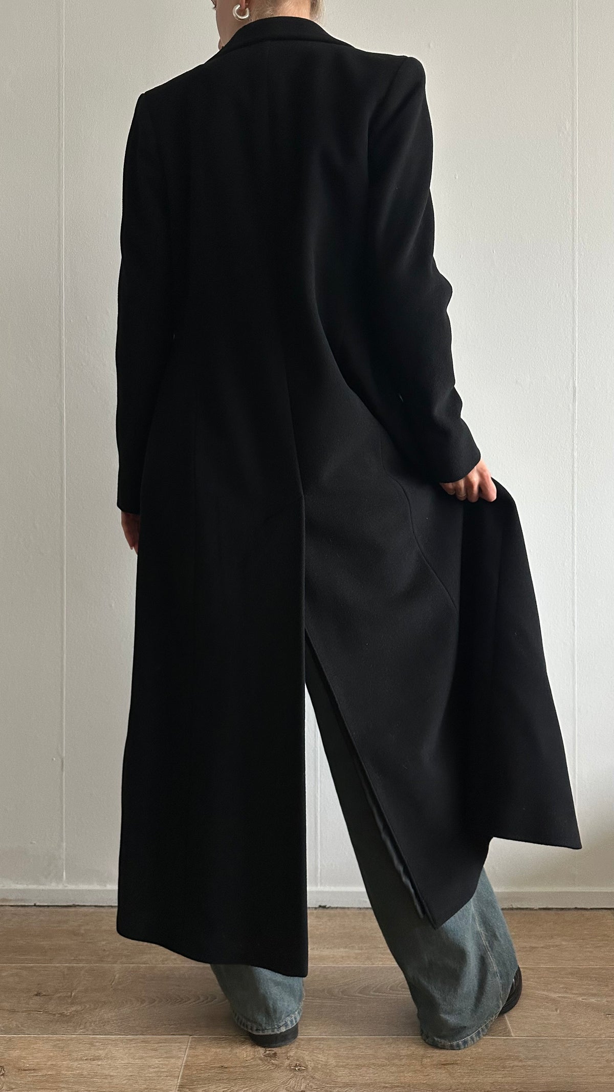 black wool long matrix coat