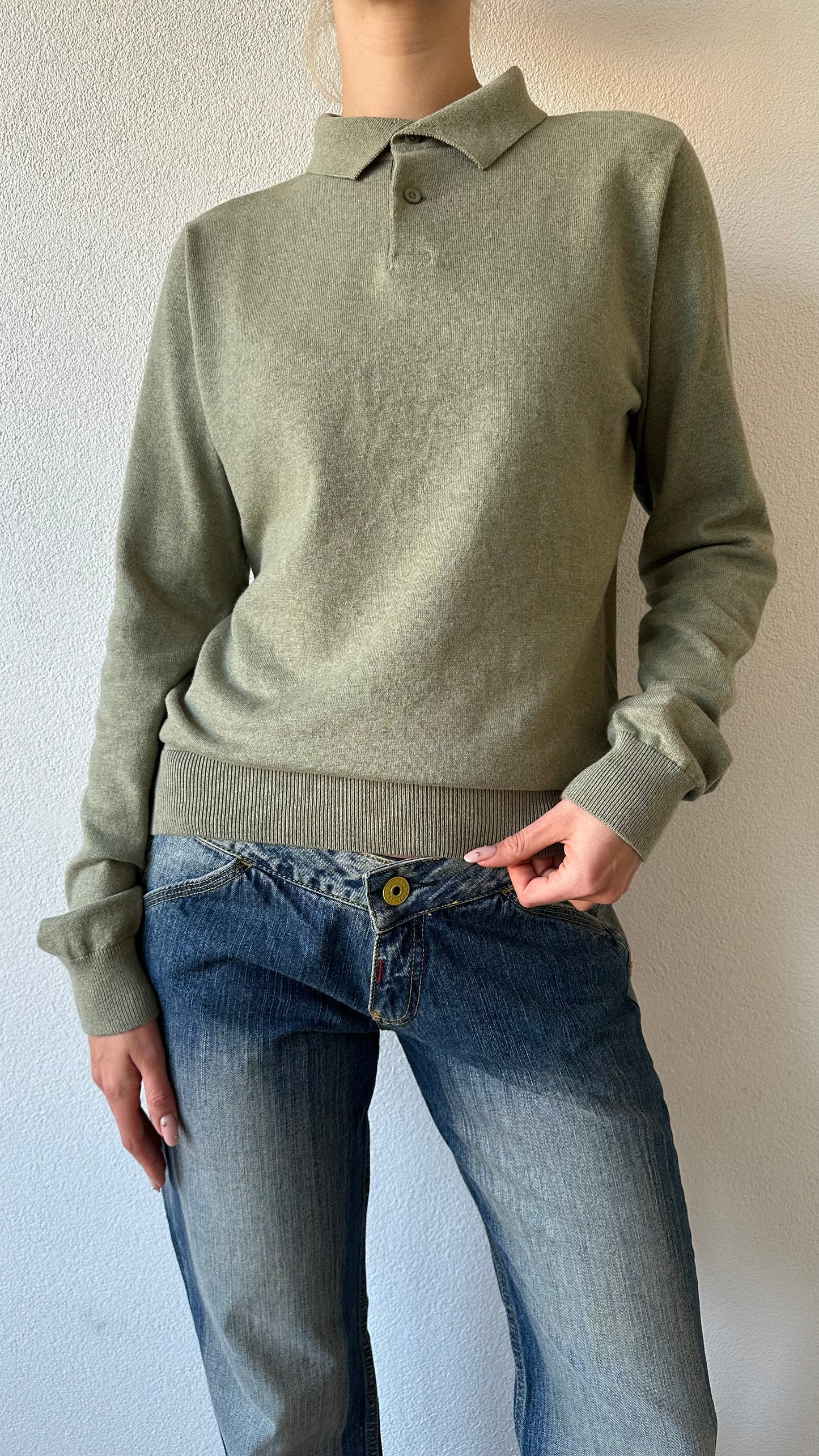 soft green knitted longsleeve cotton polo shirt