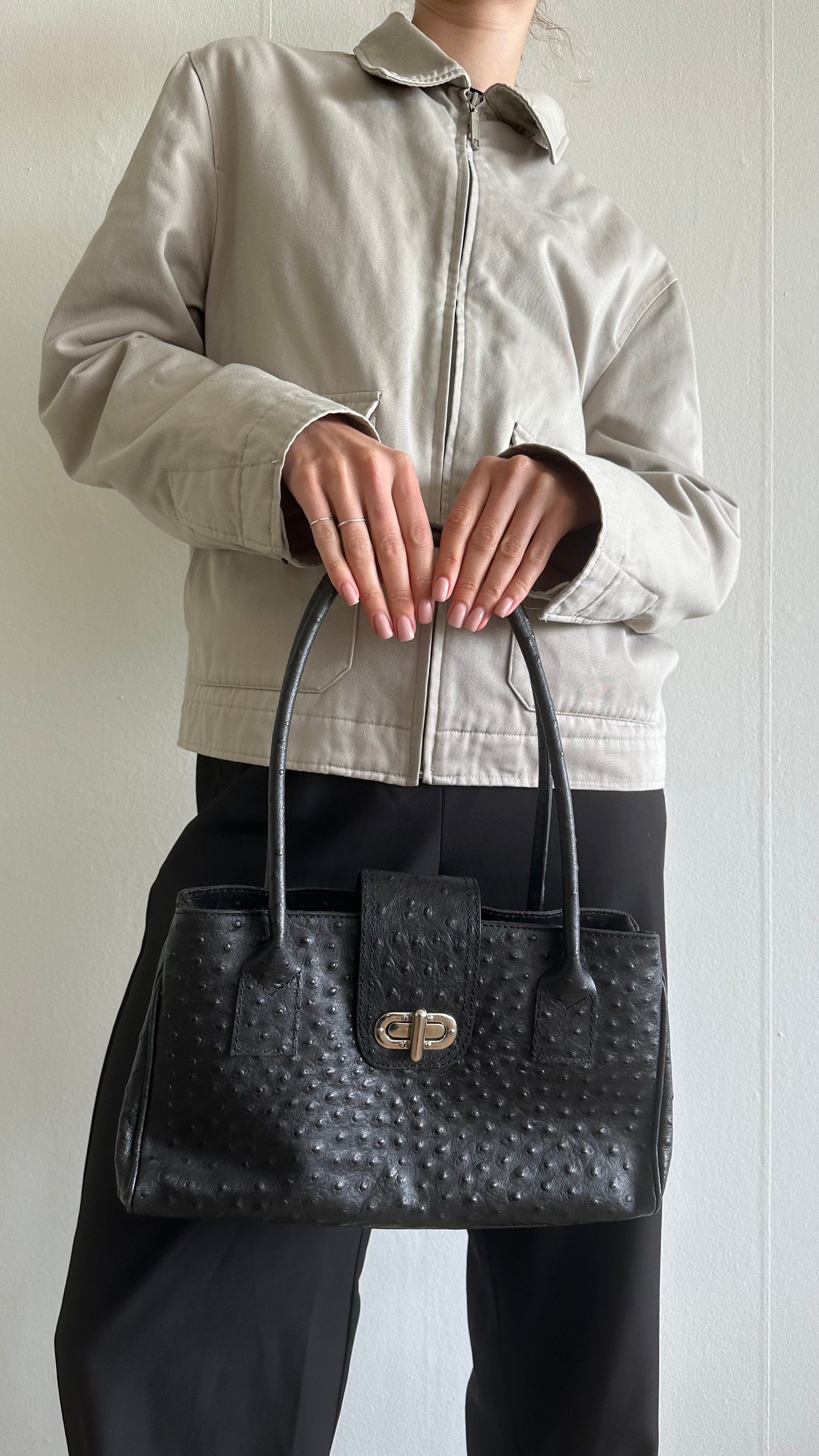 black ostrich leather shoulder bag