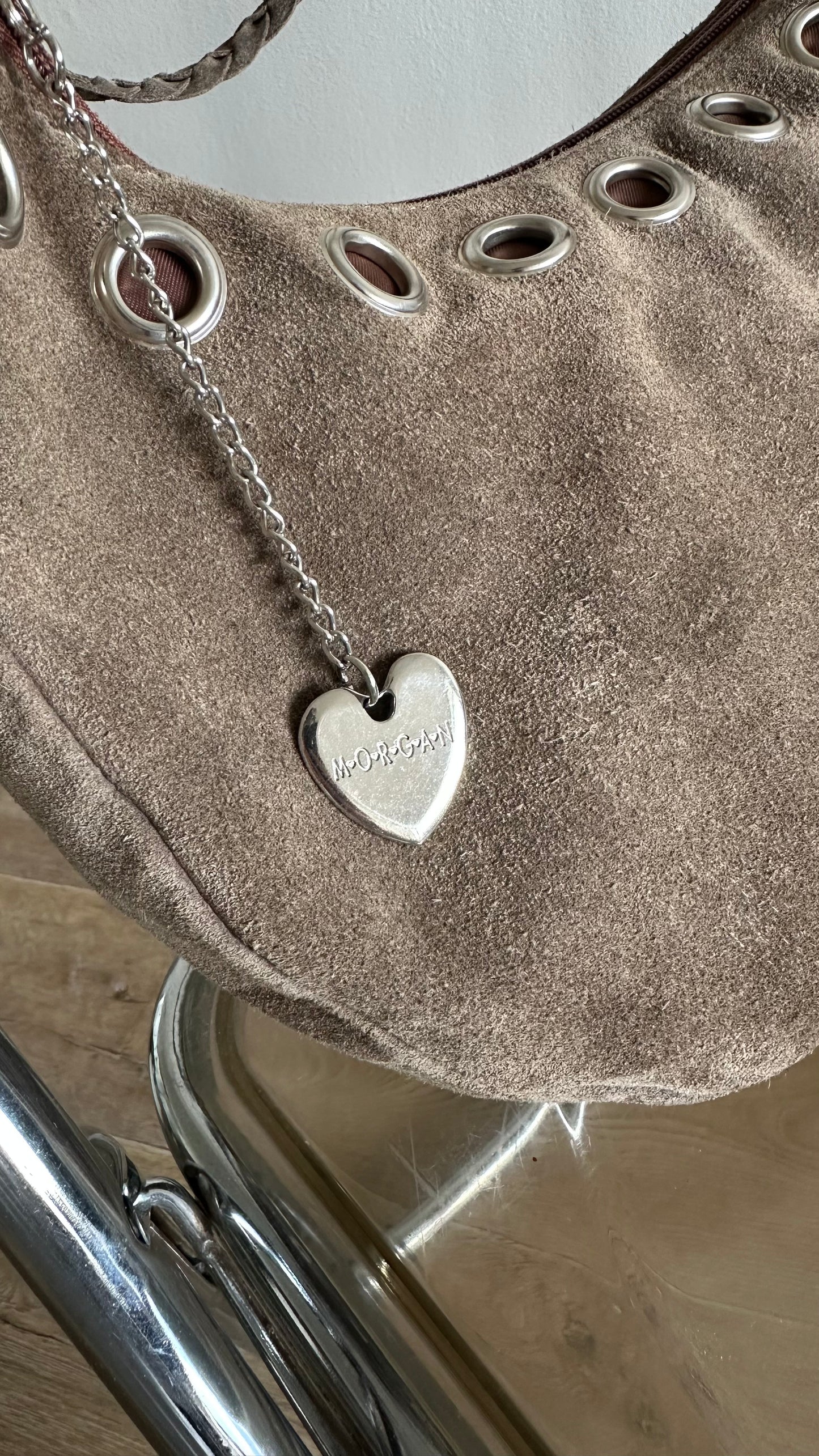suede brown half moon bag silver rounds